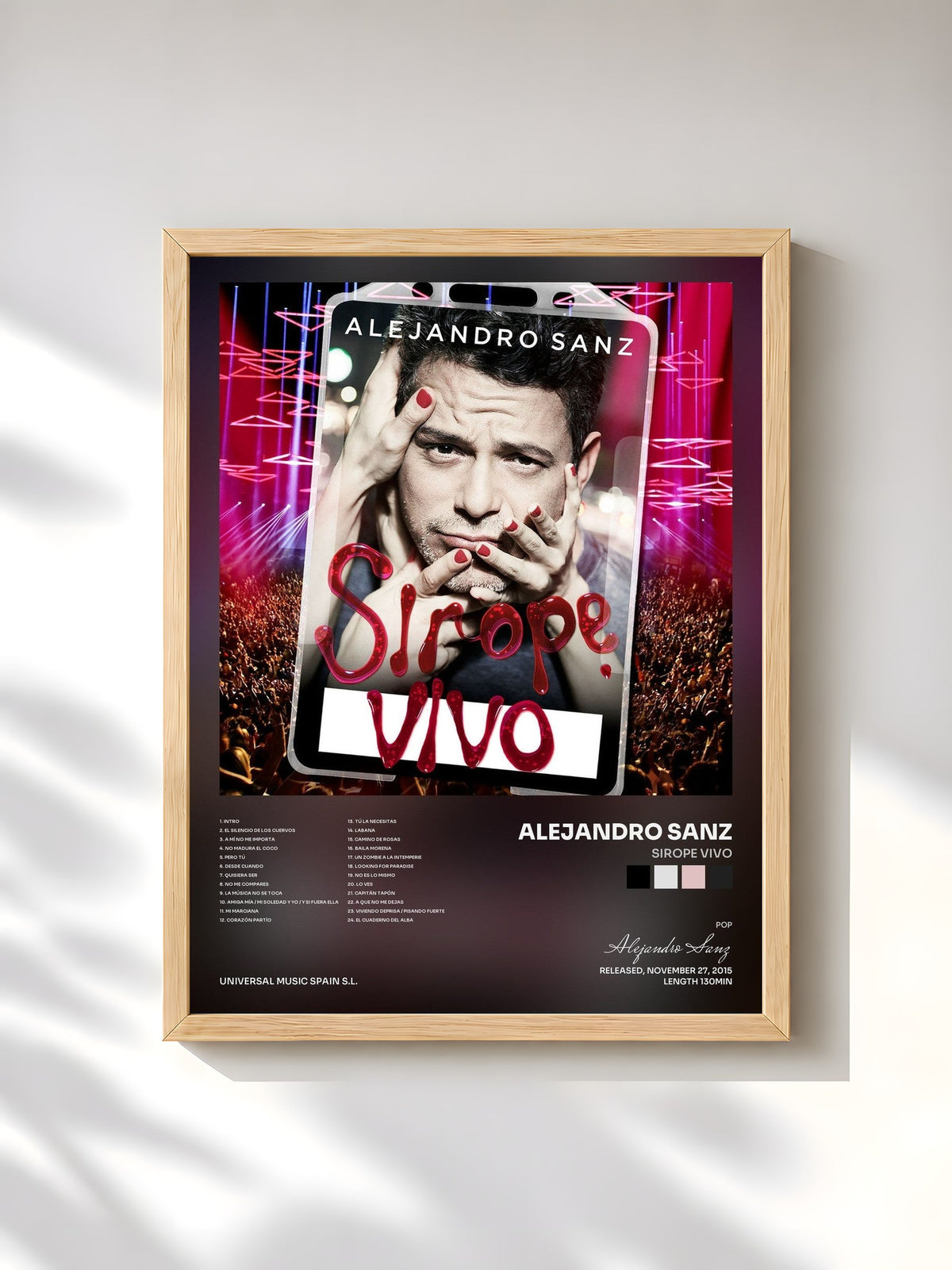 #bois Tableau de l'album Sirope Vivo de Alejandro Sanz, cadre en bois brut, imprimé et encadré en France