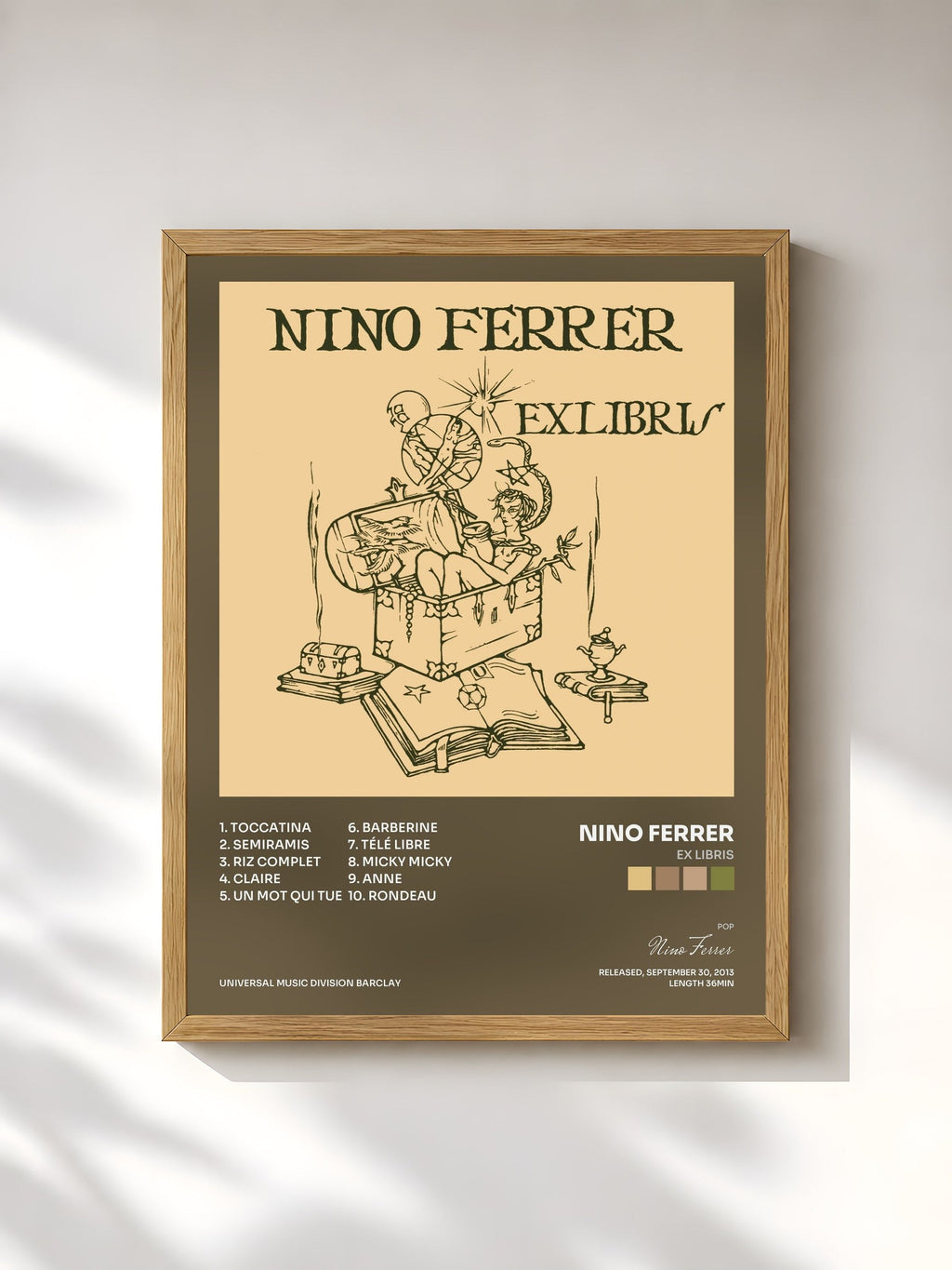 #bois Tableau de l'album Ex Libris de Nino Ferrer, cadre en bois brut, imprimé et encadré en France