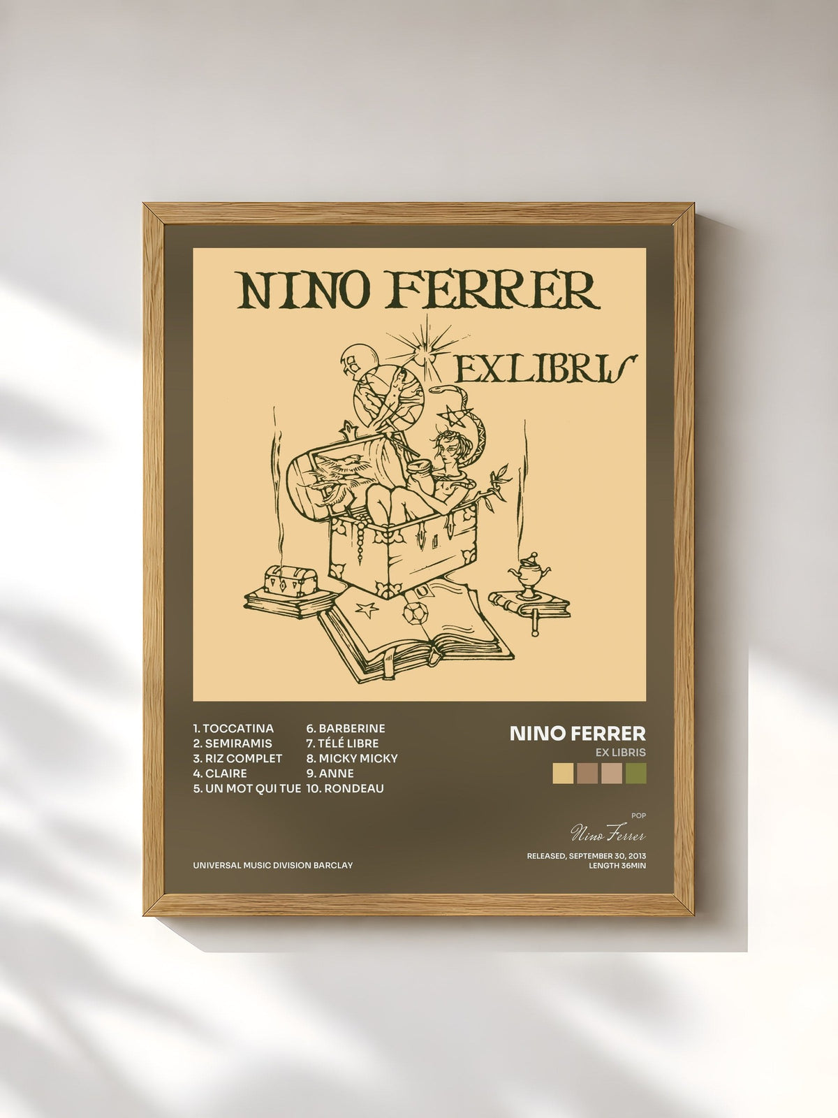 #bois Tableau de l'album Ex Libris de Nino Ferrer, cadre en bois brut, imprimé et encadré en France