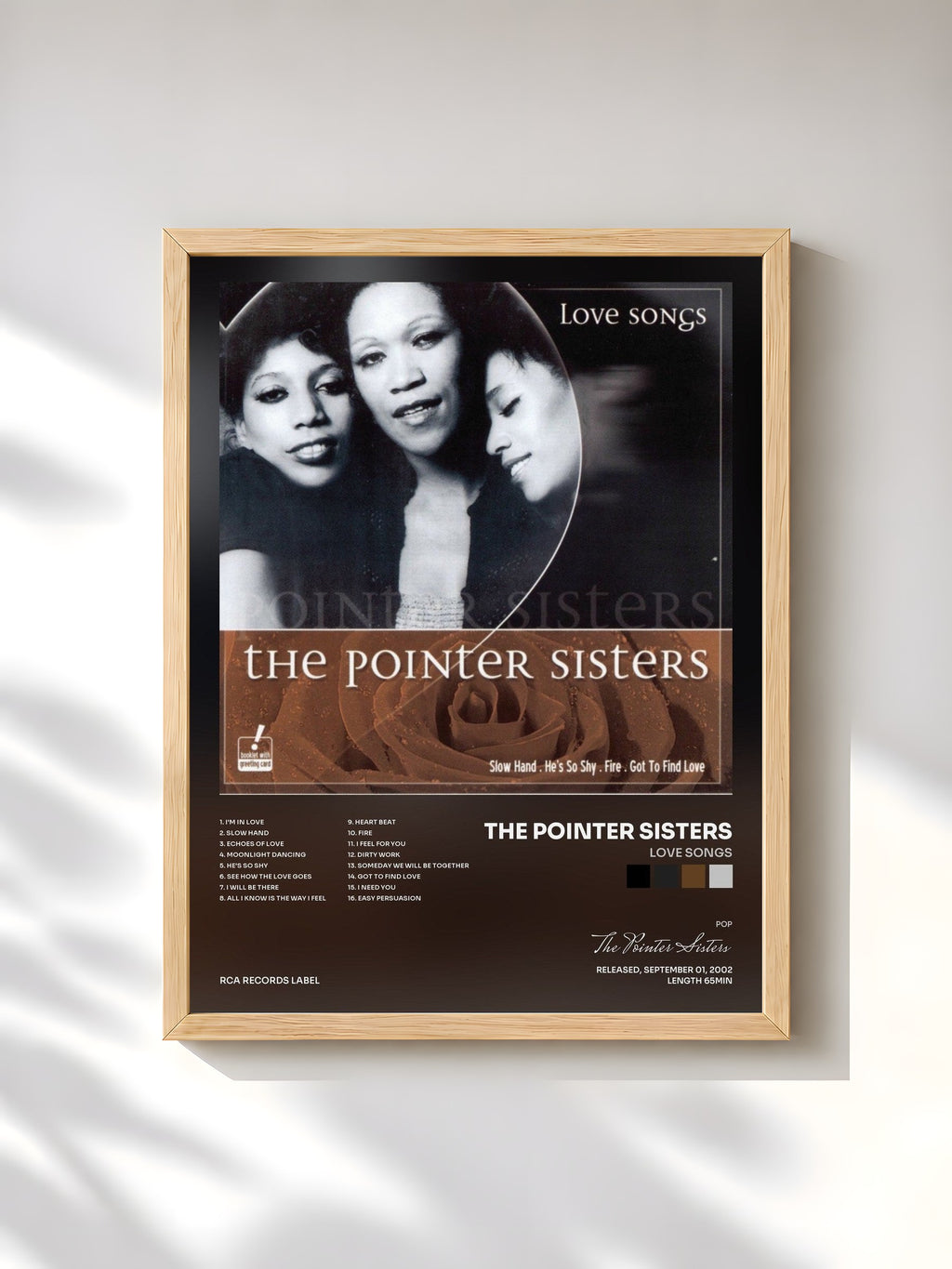 #bois Tableau de l'album Love Songs de The Pointer Sisters, cadre en bois brut, imprimé et encadré en France