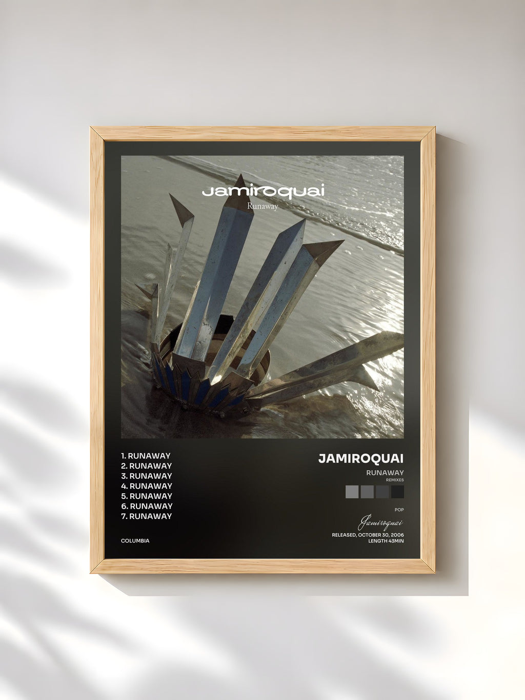 #bois Tableau de l'album Runaway (Remixes) de Jamiroquai, cadre en bois brut, imprimé et encadré en France