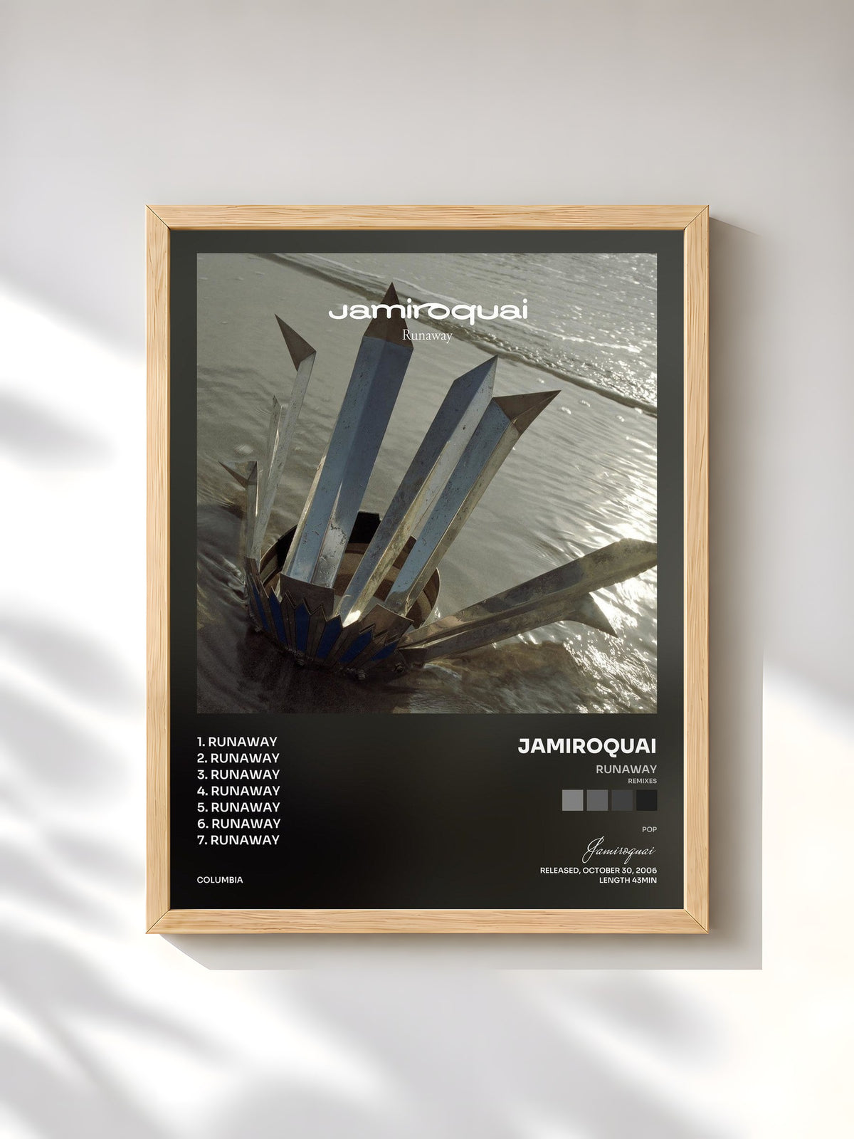 #bois Tableau de l'album Runaway (Remixes) de Jamiroquai, cadre en bois brut, imprimé et encadré en France