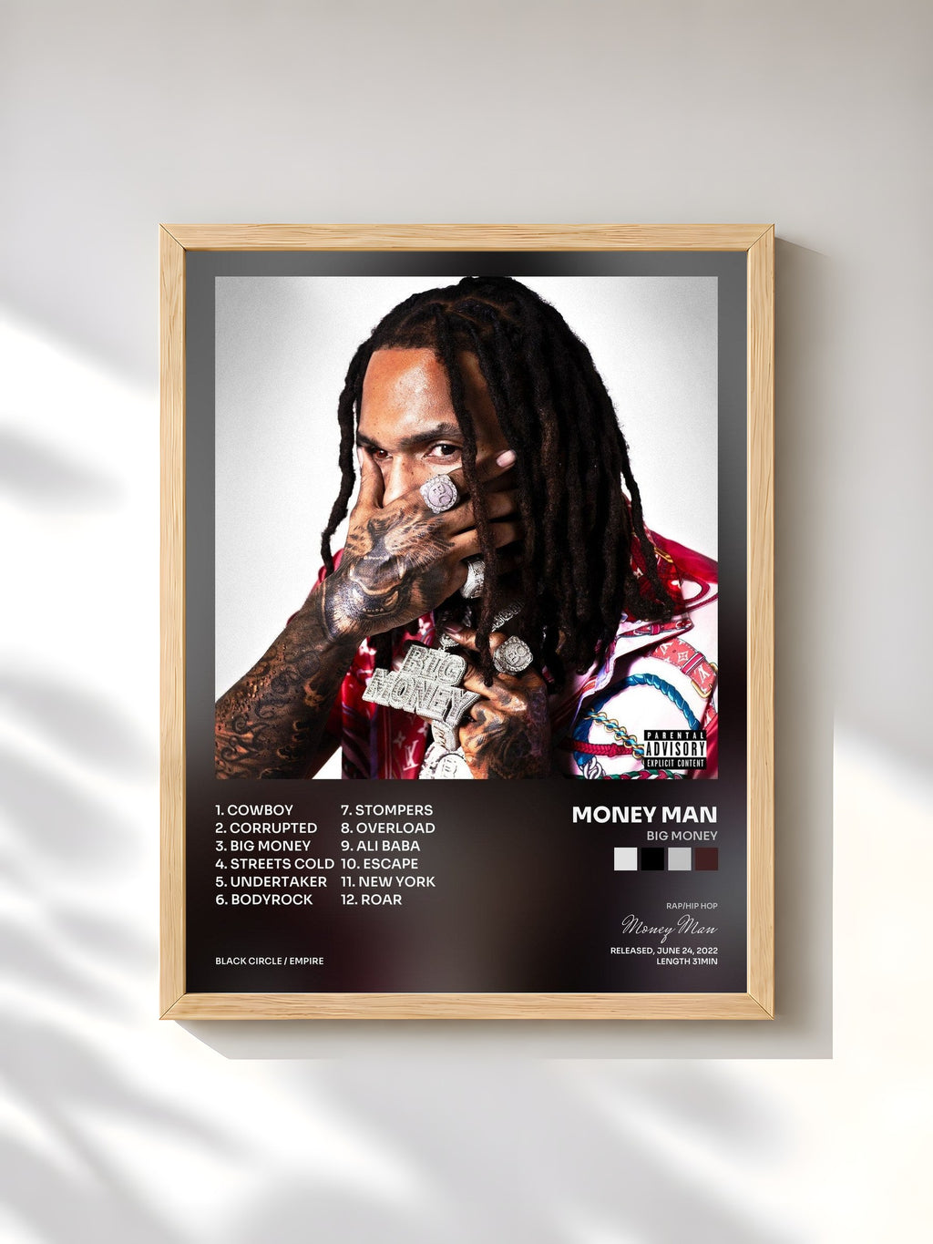 #bois Tableau de l'album Big Money de Money Man, cadre en bois brut, imprimé et encadré en France