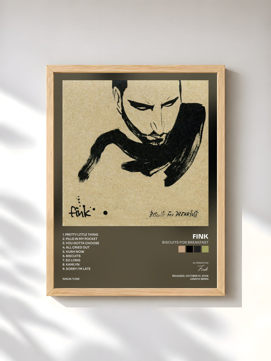 #bois Tableau de l'album Biscuits For Breakfast de Fink, cadre en bois brut, imprimé et encadré en France