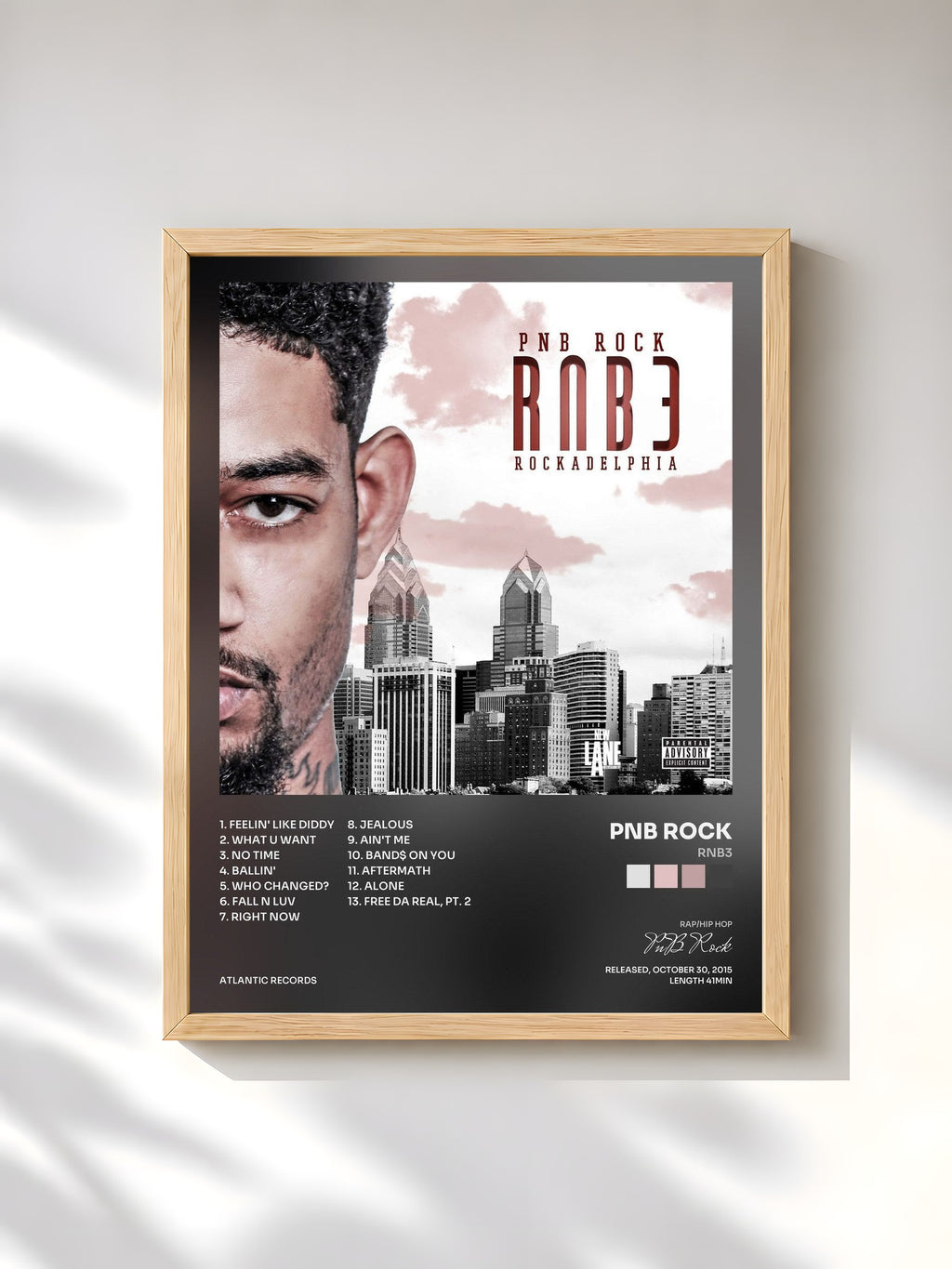 #bois Tableau de l'album RNB3 de PnB Rock, cadre en bois brut, imprimé et encadré en France