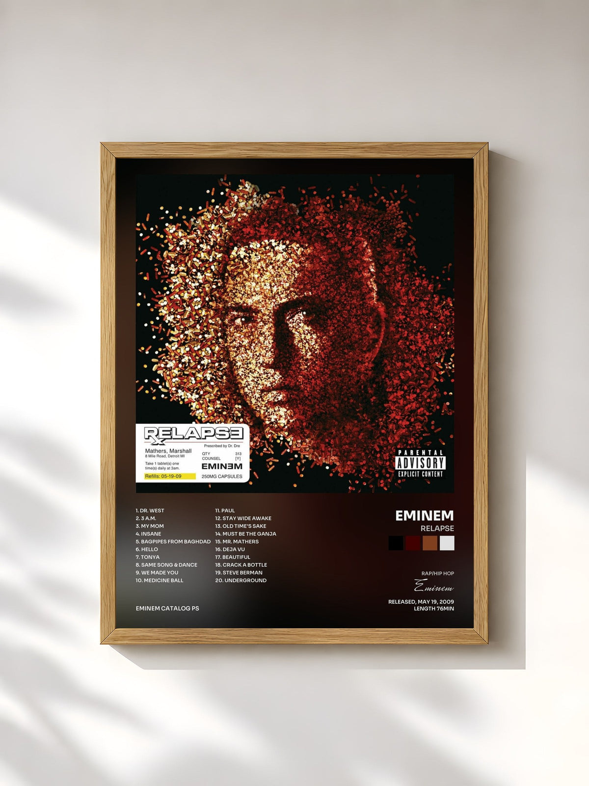 #bois Tableau de l'album Relapse de Eminem, cadre en bois brut, imprimé et encadré en France