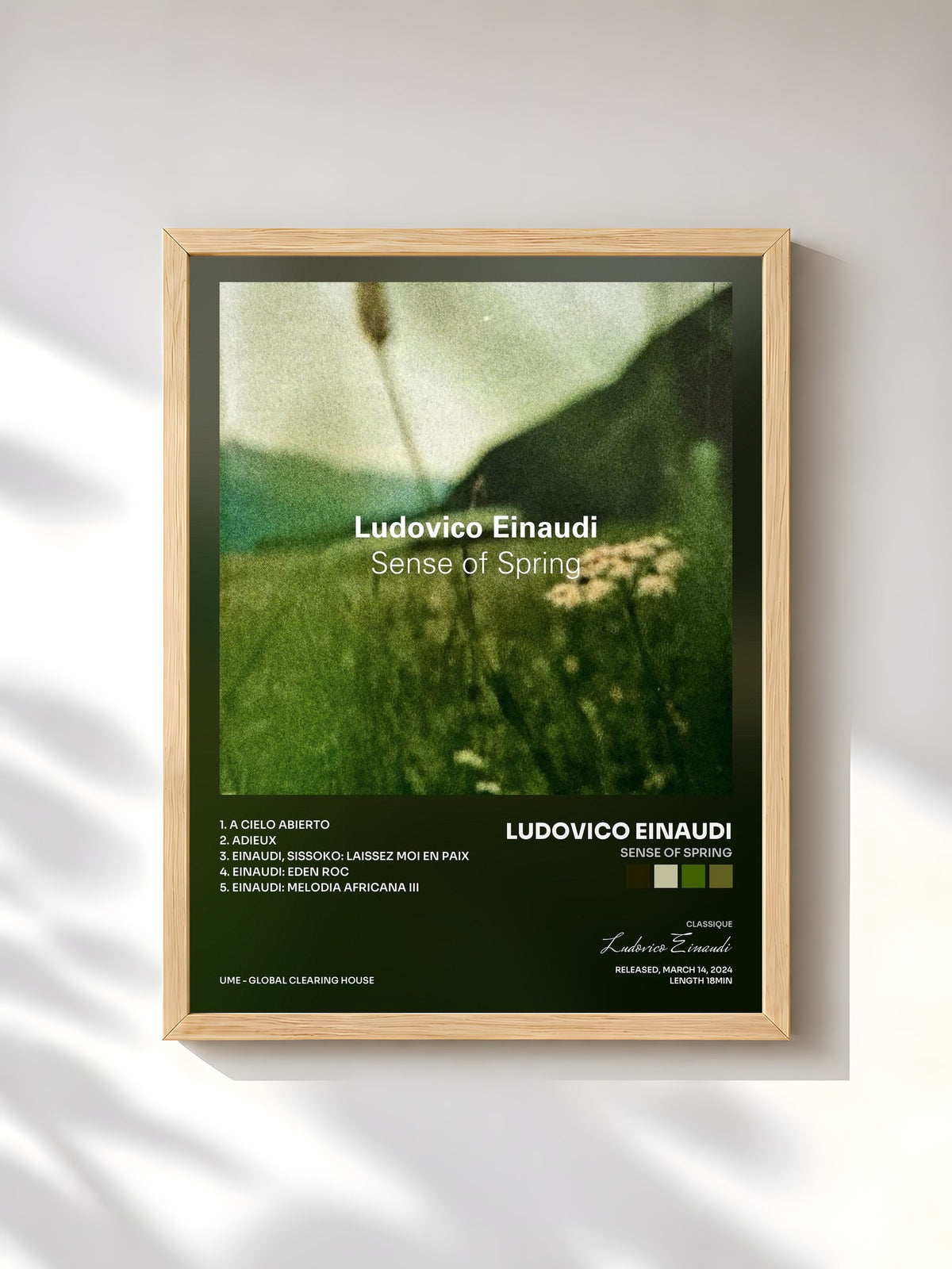 #bois Tableau de l'album Sense of Spring de Ludovico Einaudi, cadre en bois brut, imprimé et encadré en France
