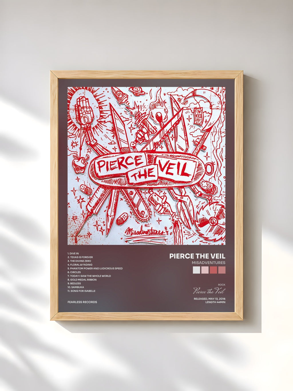 #bois Tableau de l'album Misadventures de Pierce the Veil, cadre en bois brut, imprimé et encadré en France