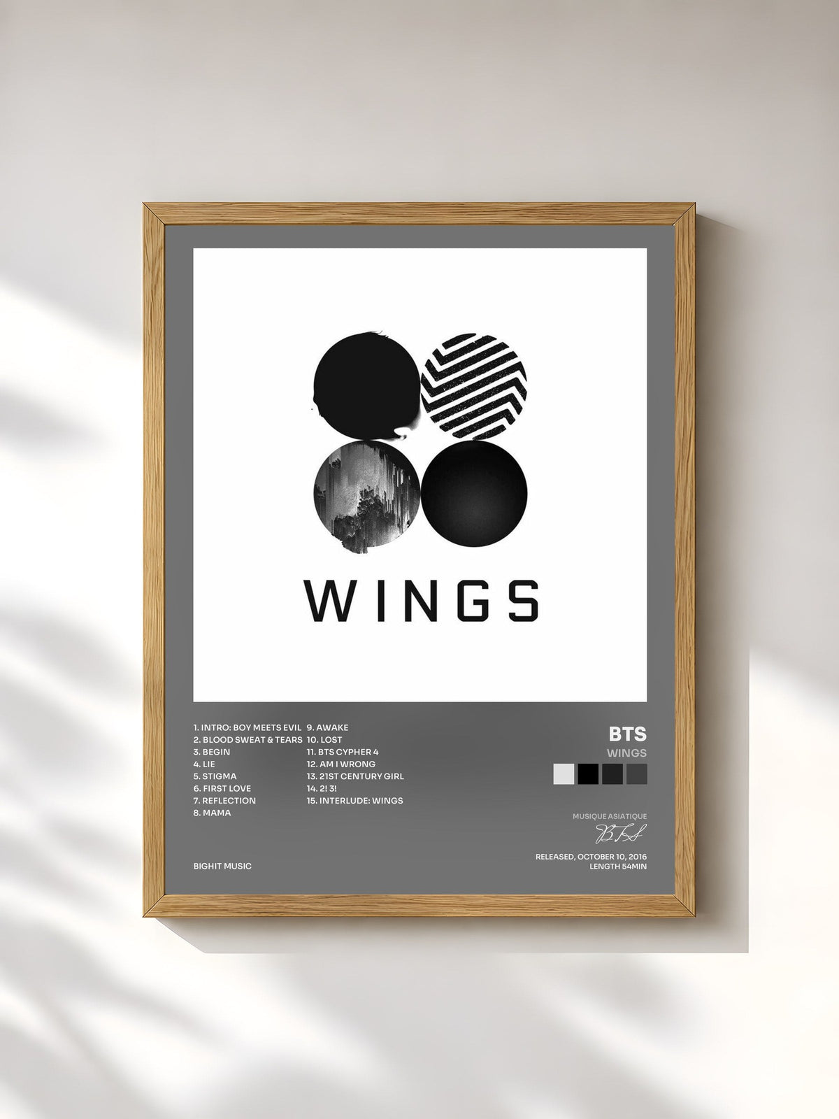 #bois Tableau de l'album Wings de BTS, cadre en bois brut, imprimé et encadré en France