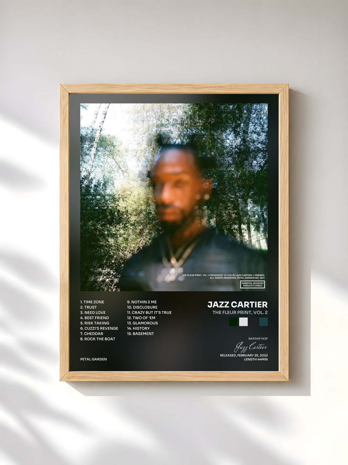 #bois Tableau de l'album The Fleur Print, Vol. 2 de Jazz Cartier, cadre en bois brut, imprimé et encadré en France