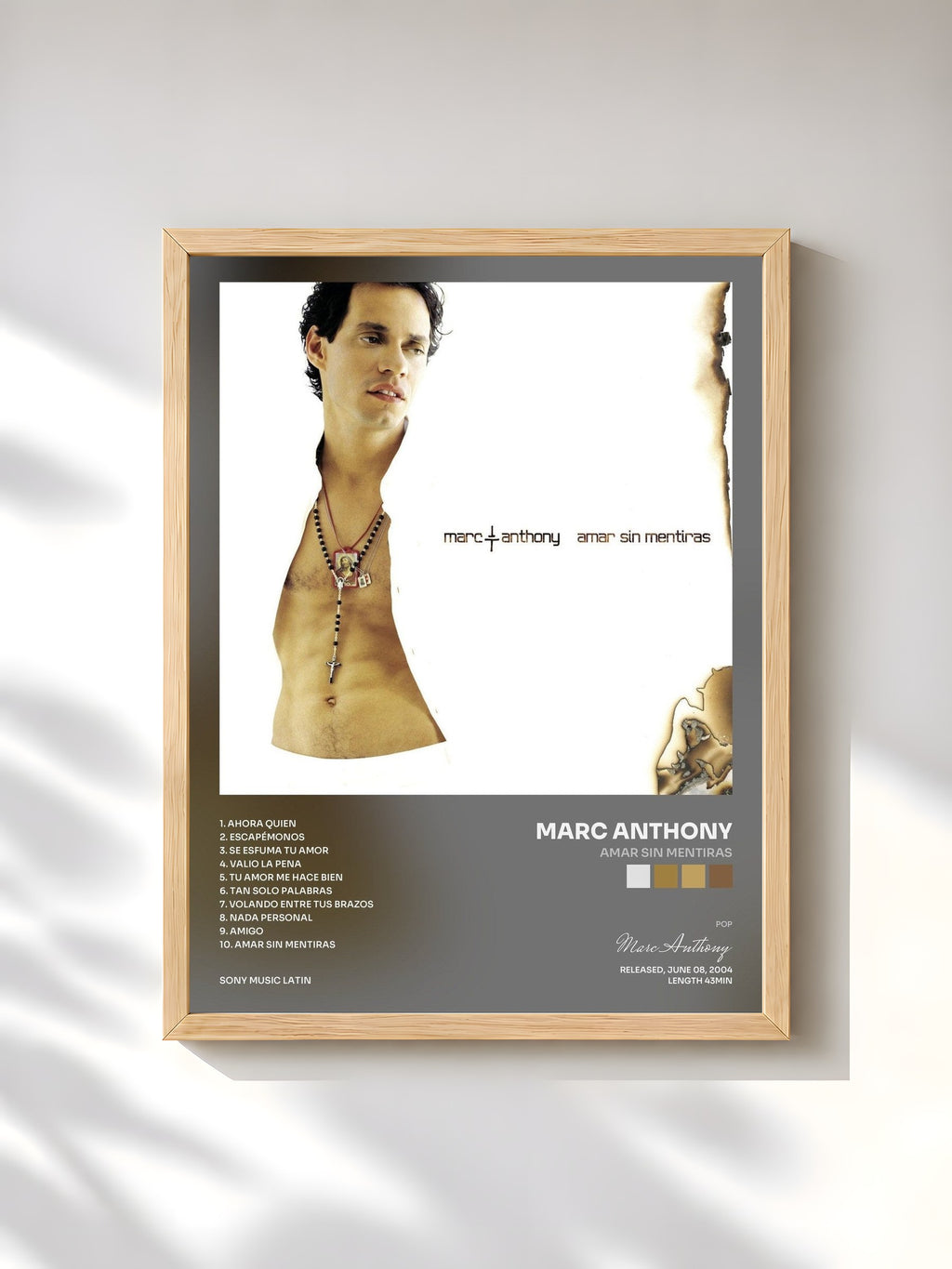 #bois Tableau de l'album Amar Sin Mentiras de Marc Anthony, cadre en bois brut, imprimé et encadré en France