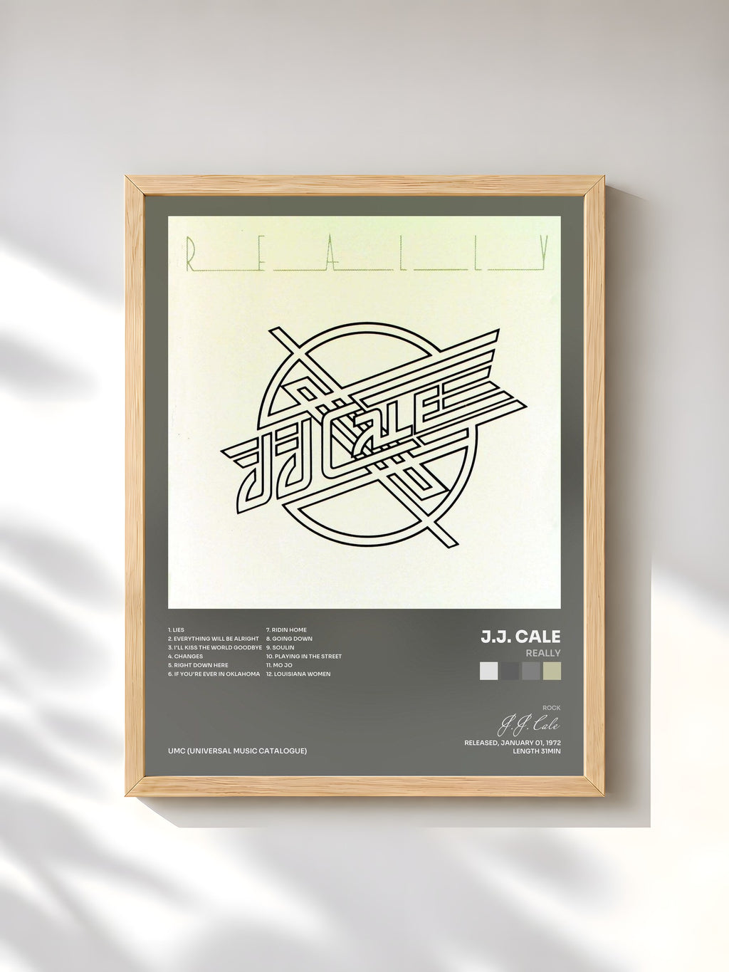 #bois Tableau de l'album Really de J.J. Cale, cadre en bois brut, imprimé et encadré en France