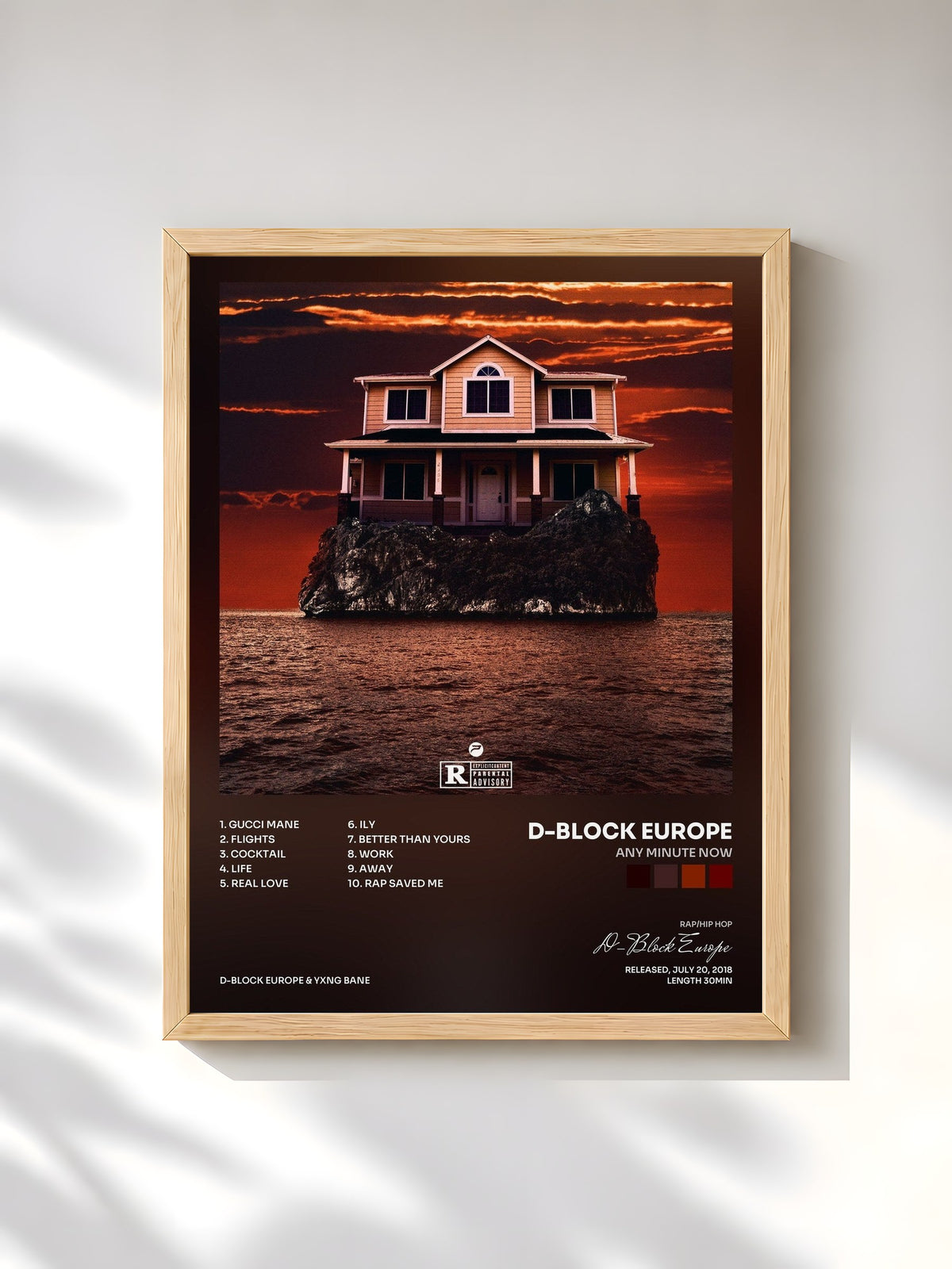 #bois Tableau de l'album Any Minute Now de D-Block Europe, cadre en bois brut, imprimé et encadré en France