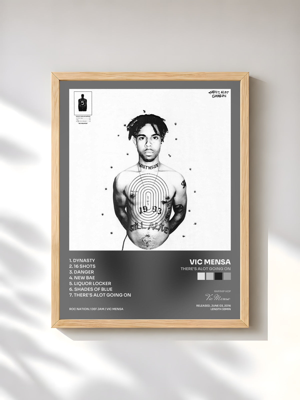 #bois Tableau de l'album There's Alot Going On de Vic Mensa, cadre en bois brut, imprimé et encadré en France