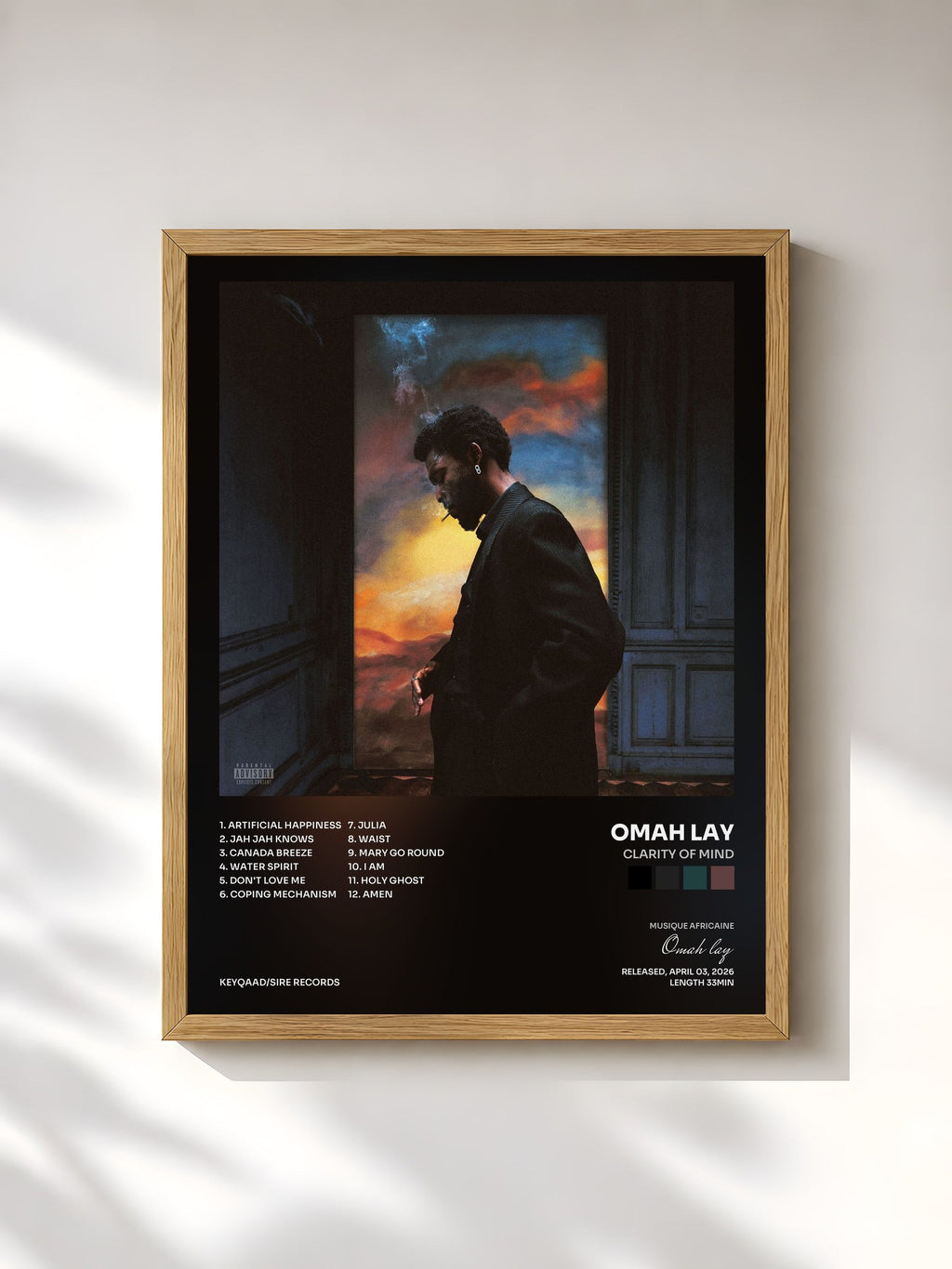#bois Tableau de l'album CLARITY OF MIND de Omah lay, cadre en bois brut, imprimé et encadré en France