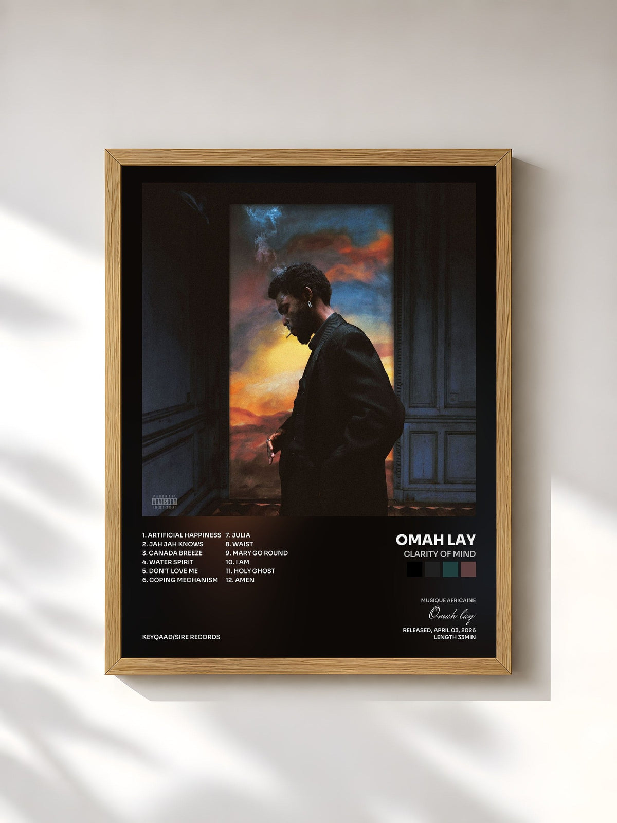 #bois Tableau de l'album CLARITY OF MIND de Omah lay, cadre en bois brut, imprimé et encadré en France