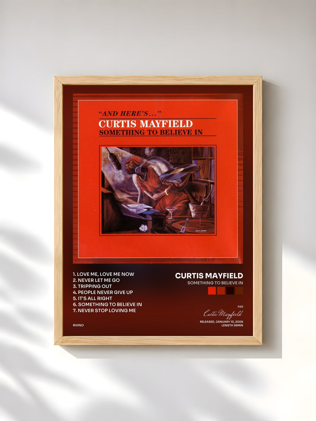 #bois Tableau de l'album Something to Believe In de Curtis Mayfield, cadre en bois brut, imprimé et encadré en France