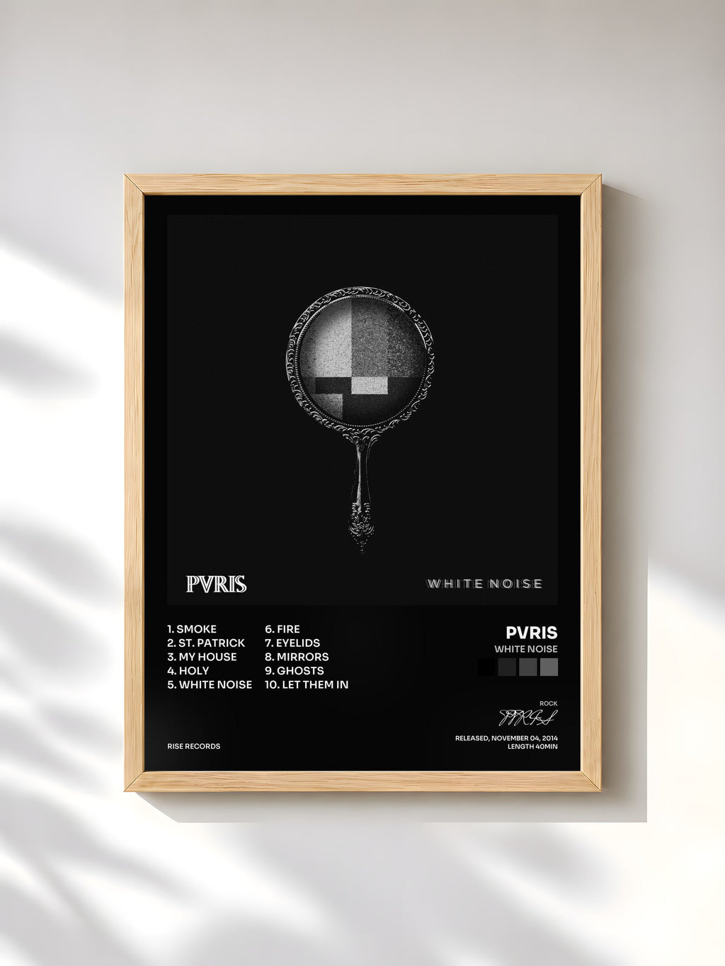 #bois Tableau de l'album White Noise de PVRIS, cadre en bois brut, imprimé et encadré en France