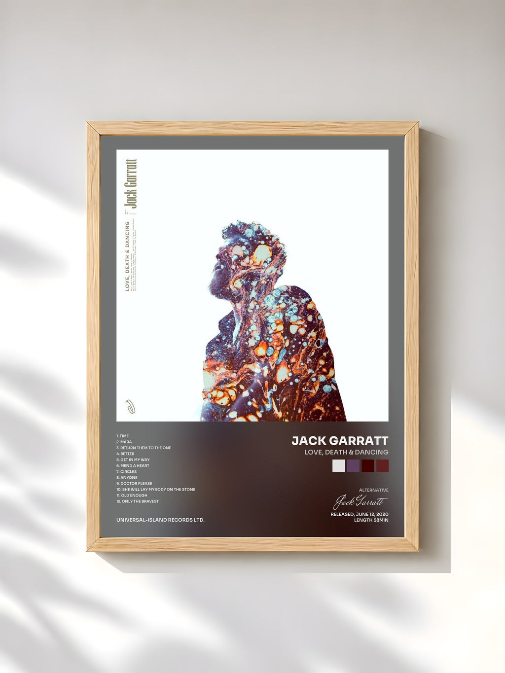 #bois Tableau de l'album Love, Death & Dancing de Jack Garratt, cadre en bois brut, imprimé et encadré en France