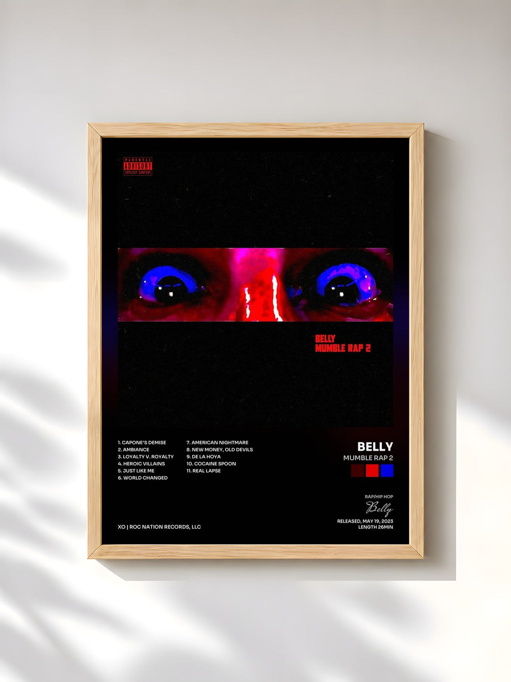 #bois Tableau de l'album Mumble Rap 2 de Belly, cadre en bois brut, imprimé et encadré en France