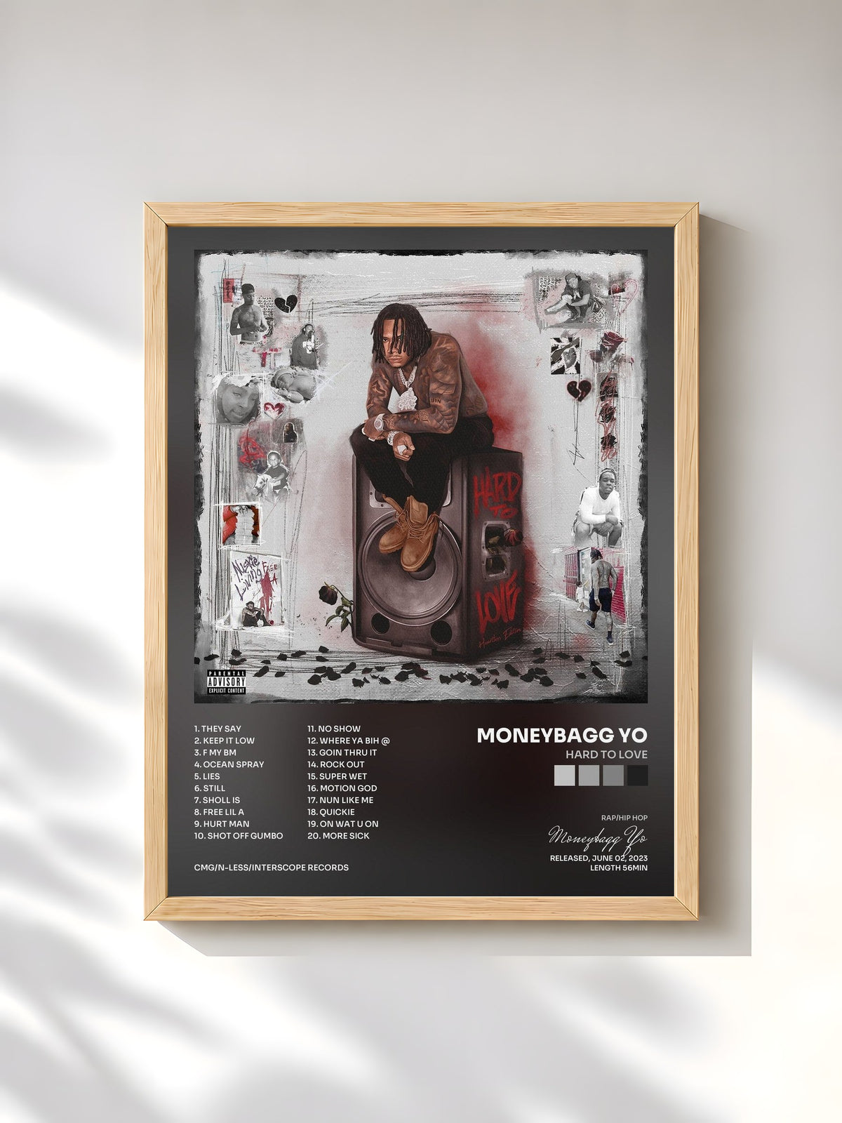 #bois Tableau de l'album Hard To Love de Moneybagg Yo, cadre en bois brut, imprimé et encadré en France