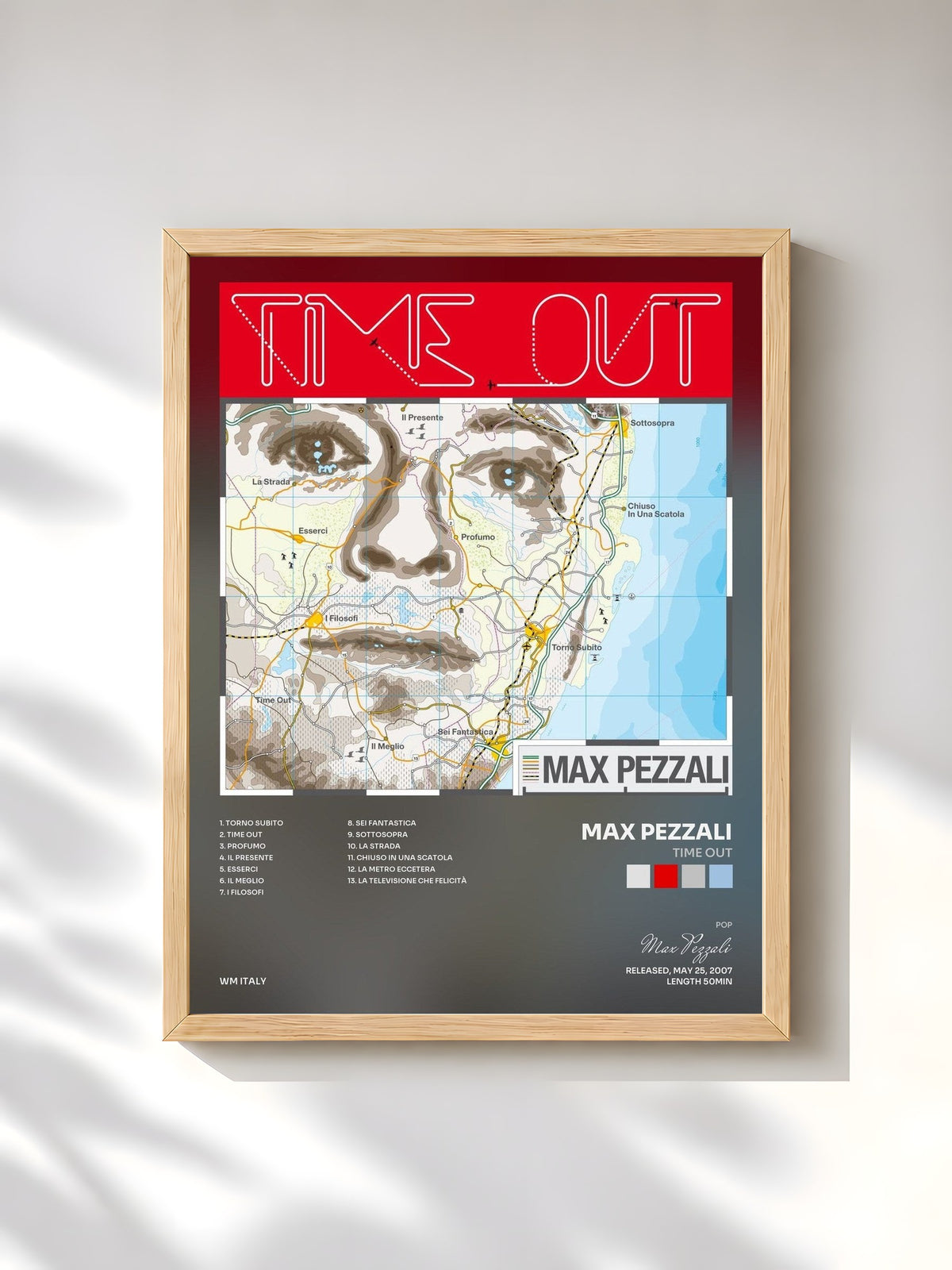 #bois Tableau de l'album Time out de Max Pezzali, cadre en bois brut, imprimé et encadré en France
