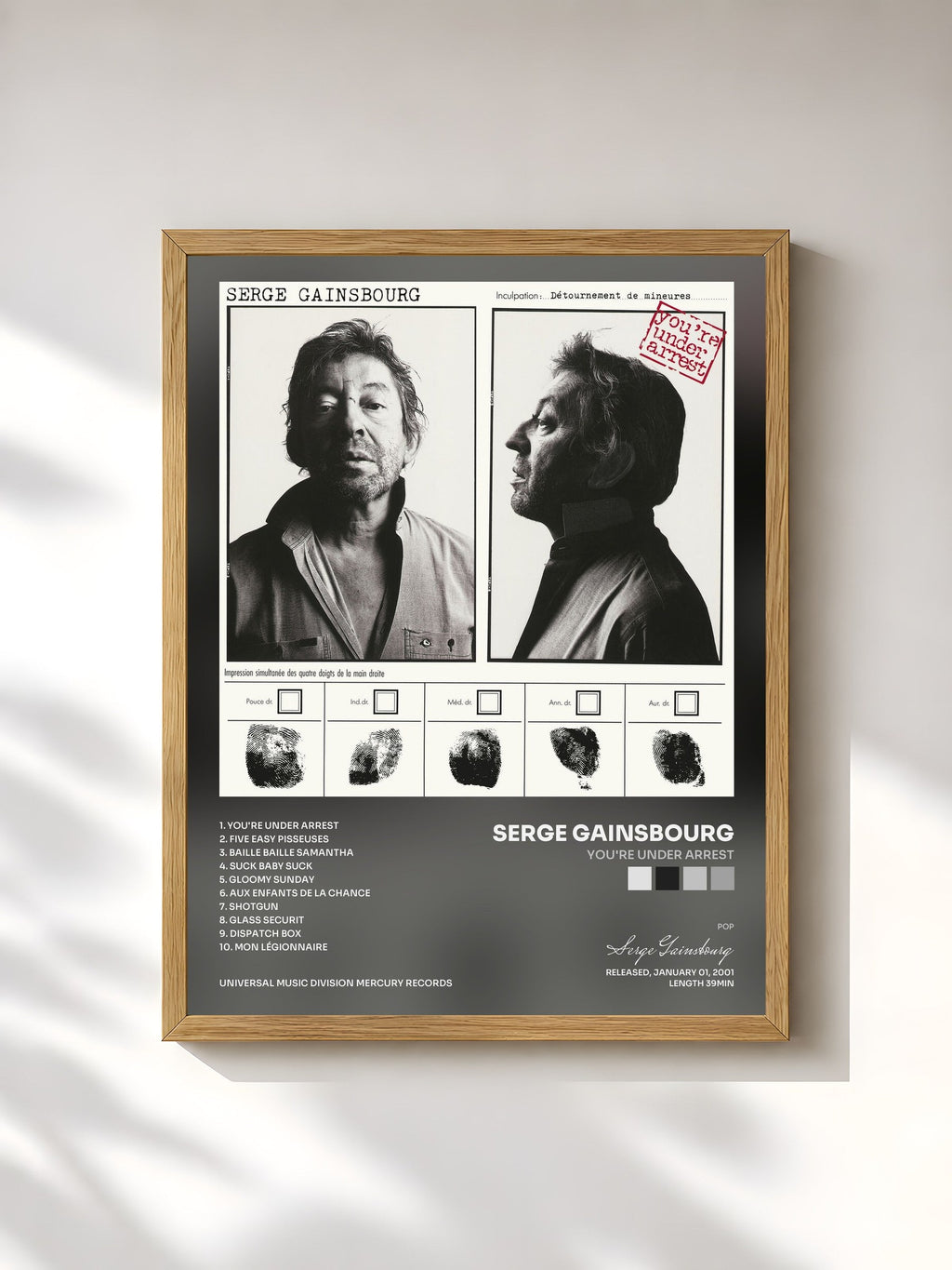 #bois Tableau de l'album You're Under Arrest de Serge Gainsbourg, cadre en bois brut, imprimé et encadré en France