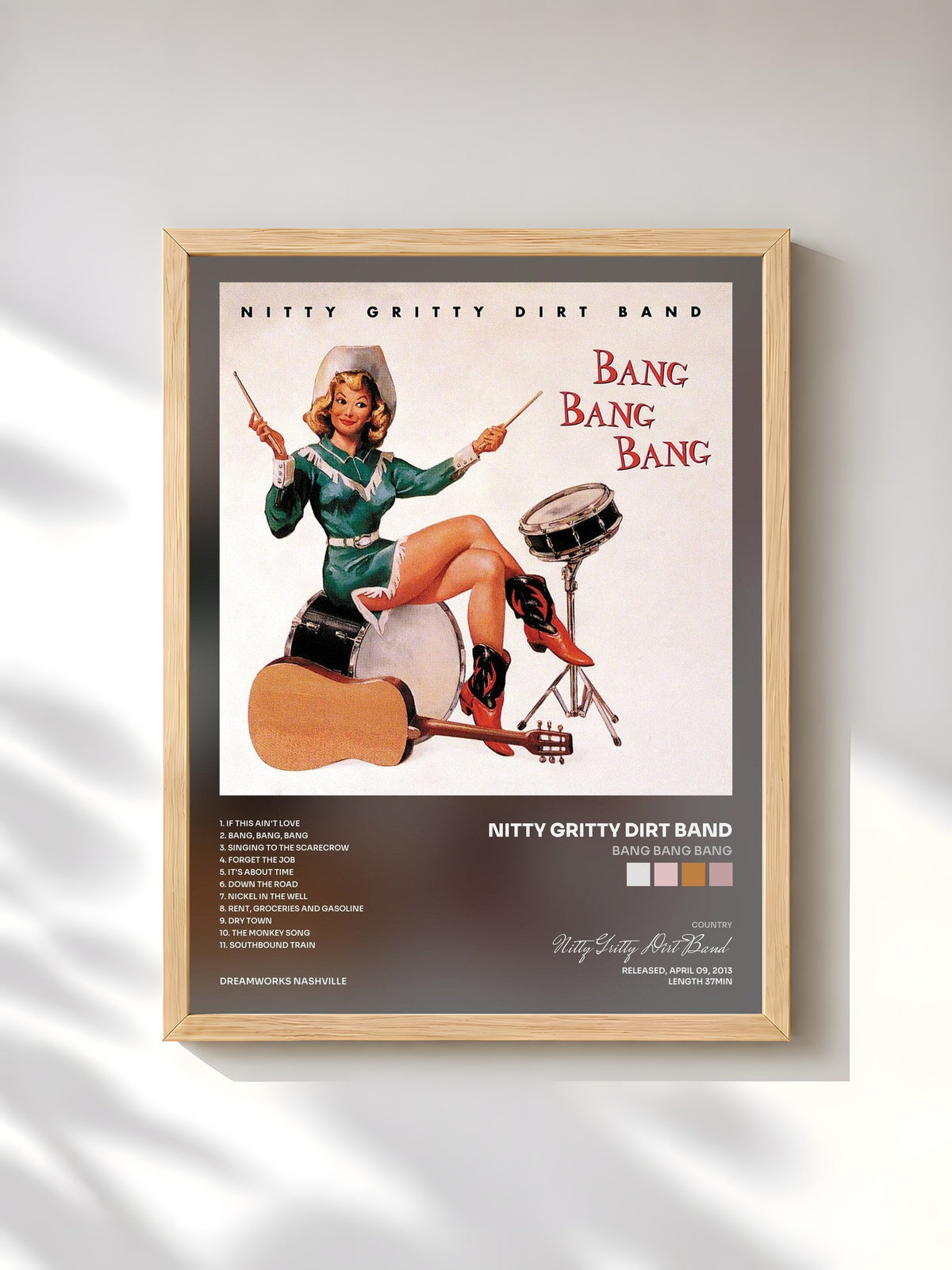 #bois Tableau de l'album Bang Bang Bang de Nitty Gritty Dirt Band, cadre en bois brut, imprimé et encadré en France