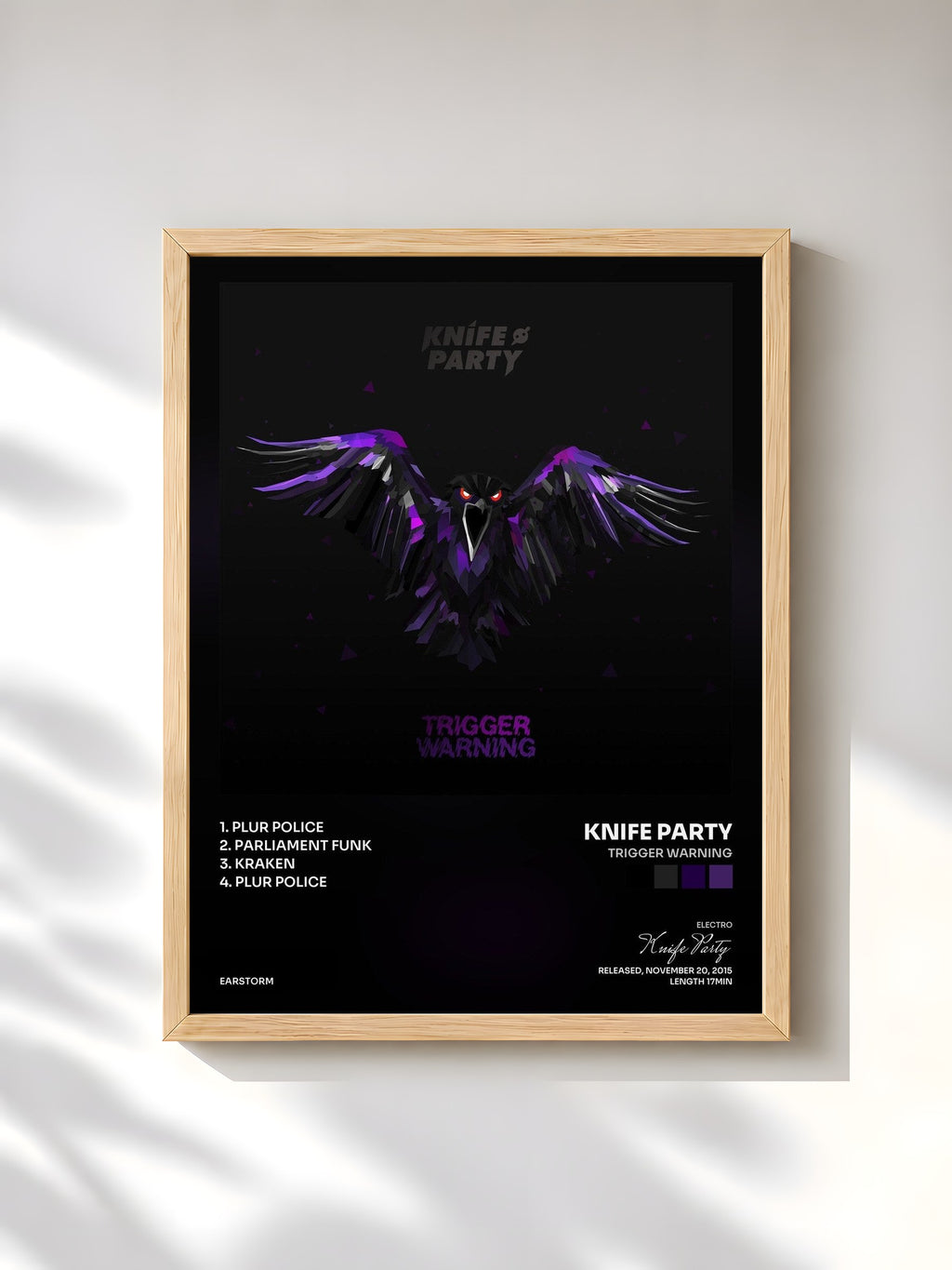 #bois Tableau de l'album Trigger Warning de Knife Party, cadre en bois brut, imprimé et encadré en France