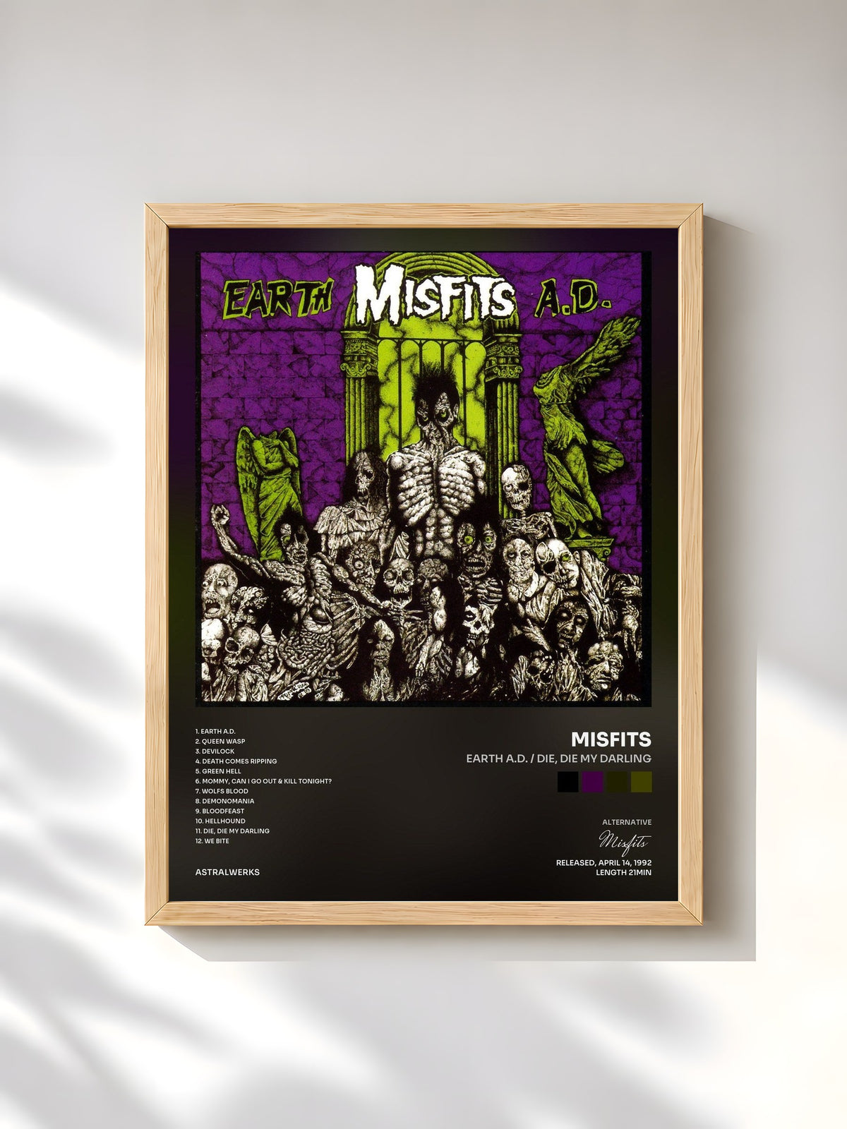 #bois Tableau de l'album Earth A.D. / Die, Die My Darling de Misfits, cadre en bois brut, imprimé et encadré en France