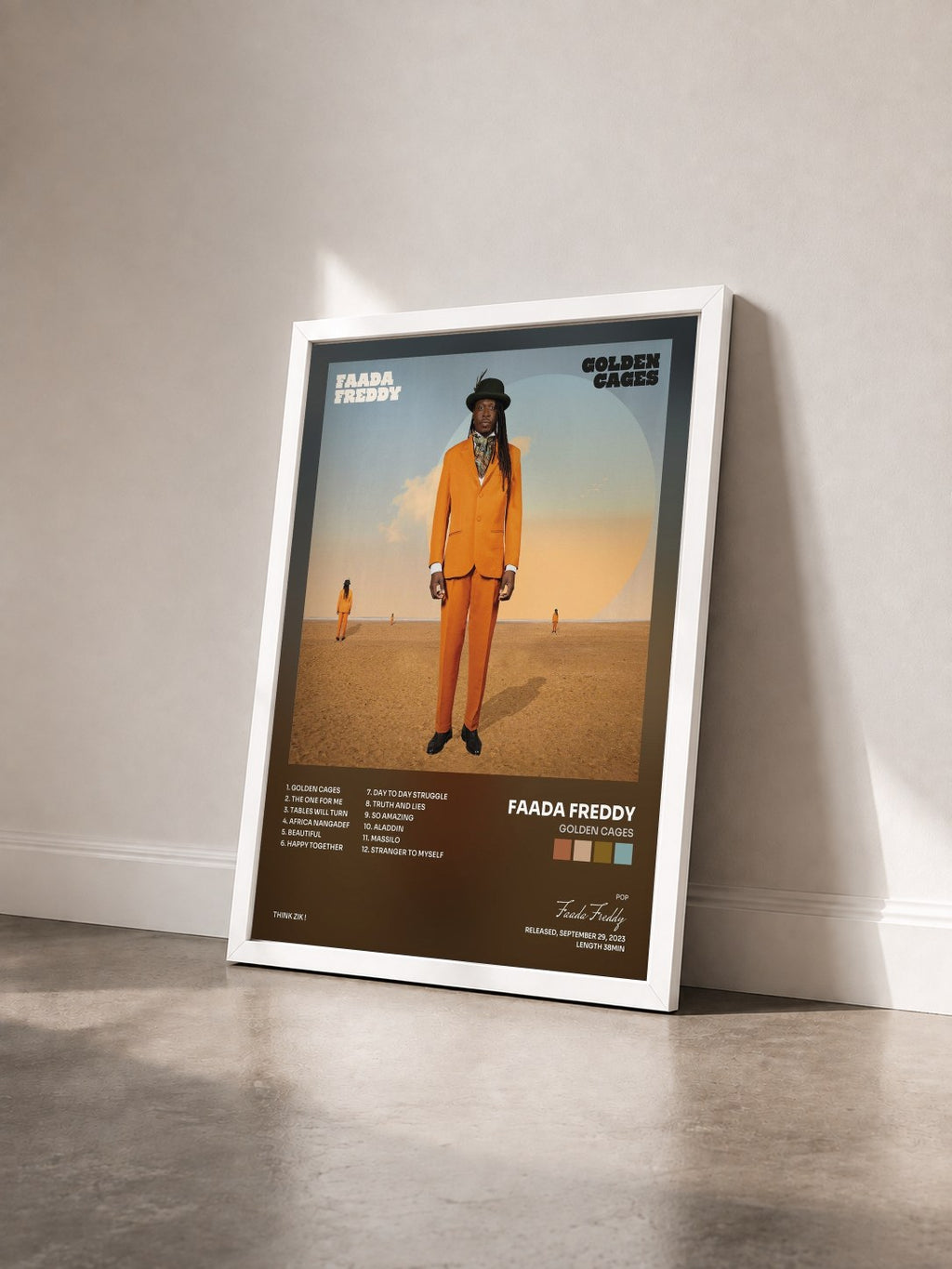 #blanc Tableau de l'album Golden Cages de Faada Freddy vu de trois quarts, cadre blanc