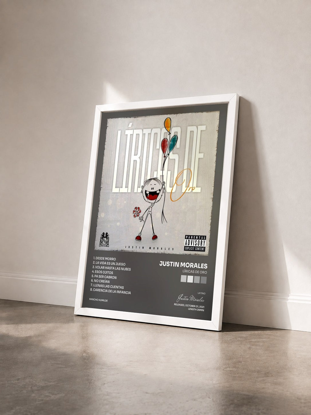 #blanc Tableau de l'album Líricas De Oro de Justin Morales vu de trois quarts, cadre blanc