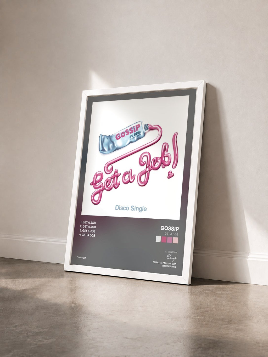 #blanc Tableau de l'album Get A Job de Gossip vu de trois quarts, cadre blanc