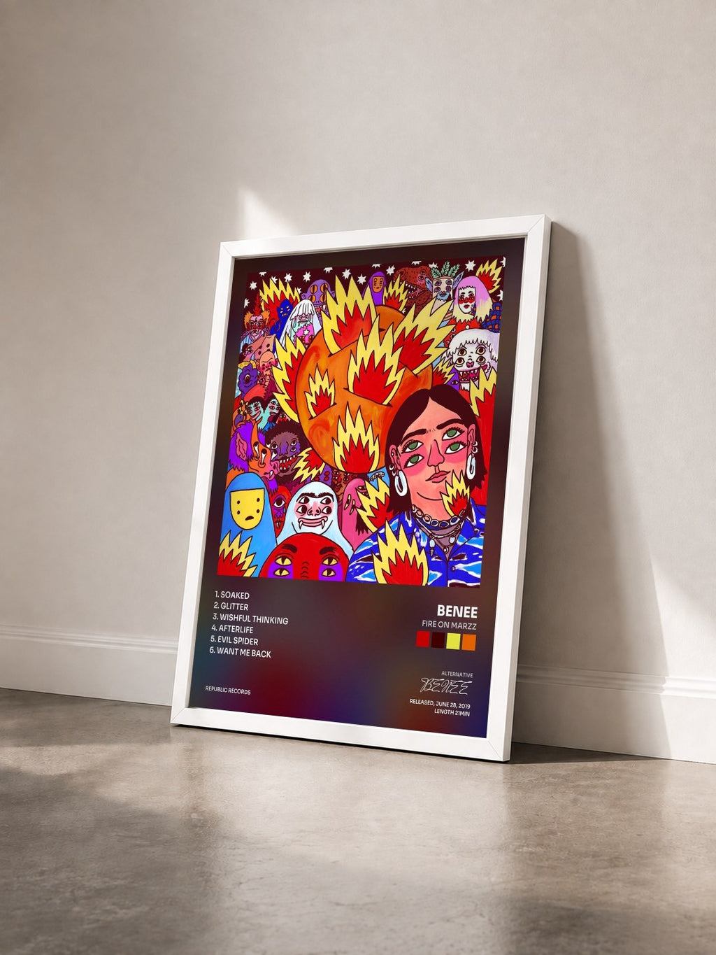 #blanc Tableau de l'album FIRE ON MARZZ de BENEE vu de trois quarts, cadre blanc