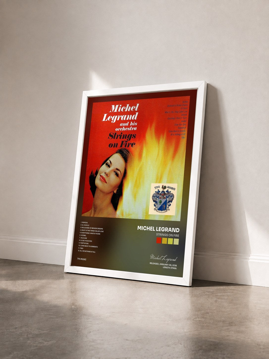 #blanc Tableau de l'album Strings on Fire de Michel Legrand vu de trois quarts, cadre blanc
