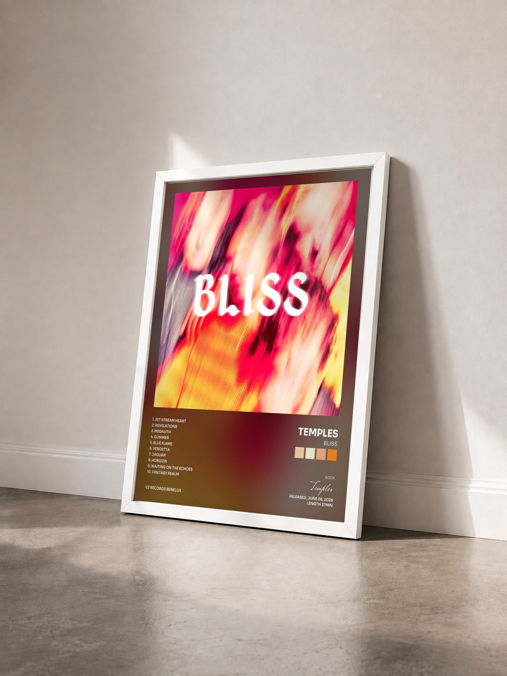 #blanc Tableau de l'album BLISS de Temples vu de trois quarts, cadre blanc