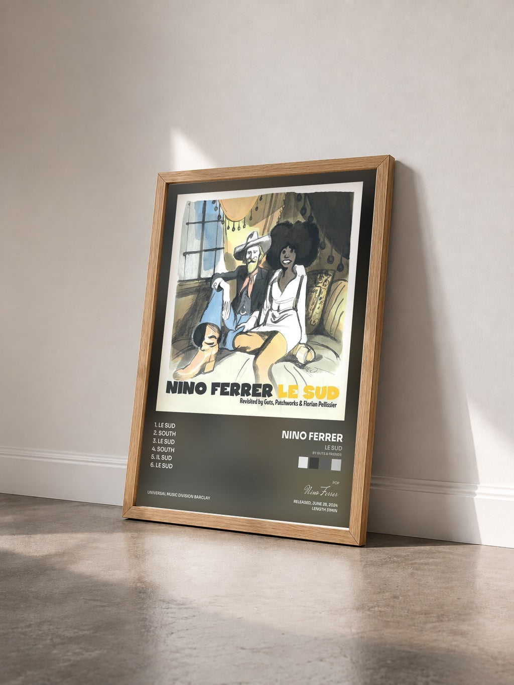 #bois Tableau de l'album Le Sud (by Guts & Friends) de Nino Ferrer vu de trois quarts, cadre en bois brut