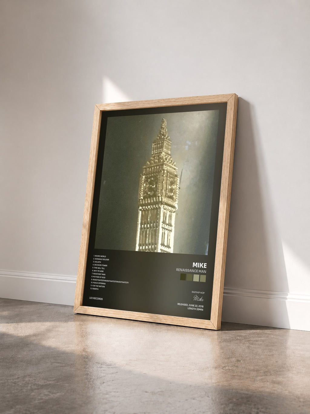 #bois Tableau de l'album Renaissance Man de Mike vu de trois quarts, cadre en bois brut