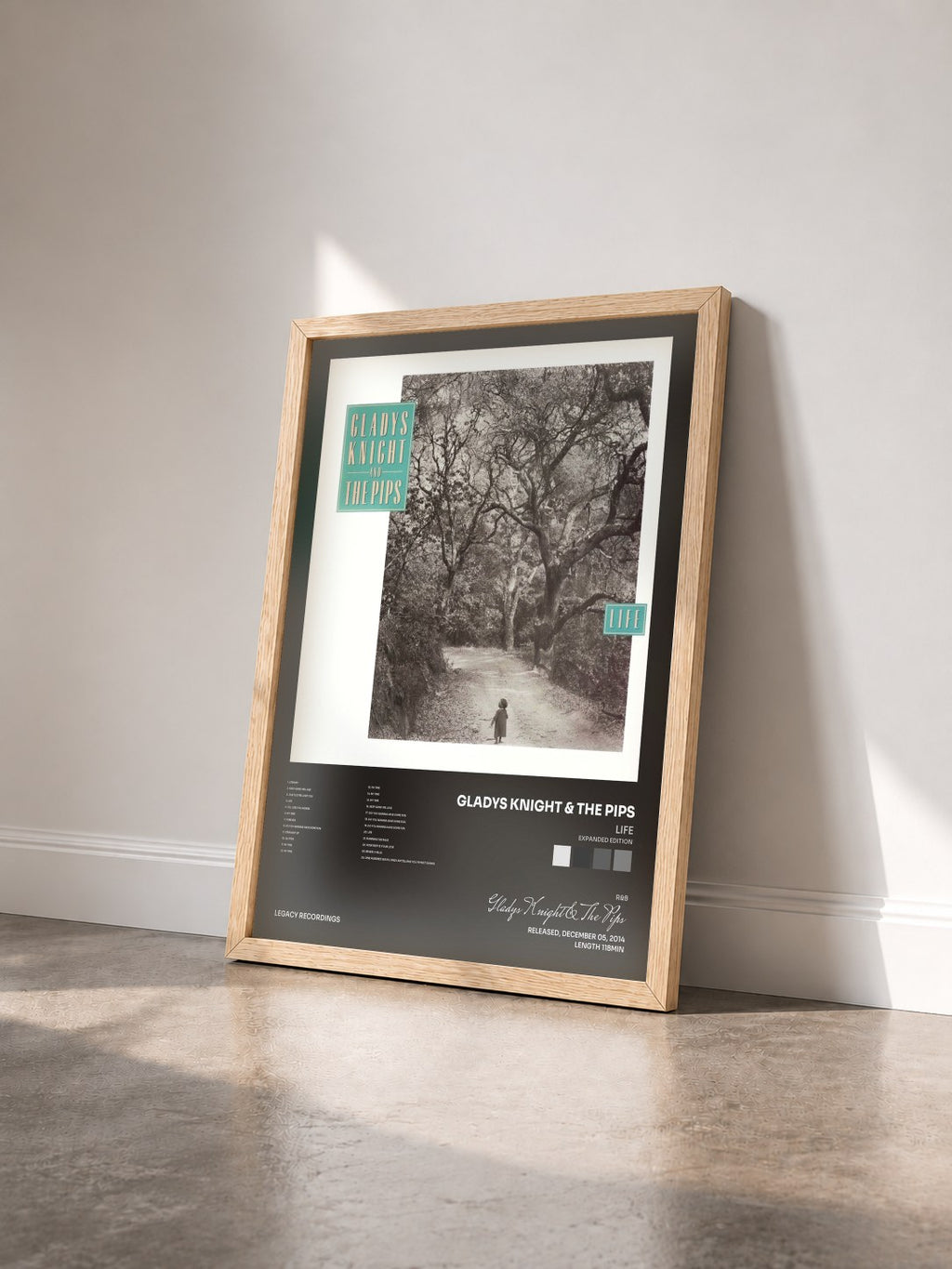 #bois Tableau de l'album Life (Expanded Edition) de Gladys Knight & The Pips vu de trois quarts, cadre en bois brut