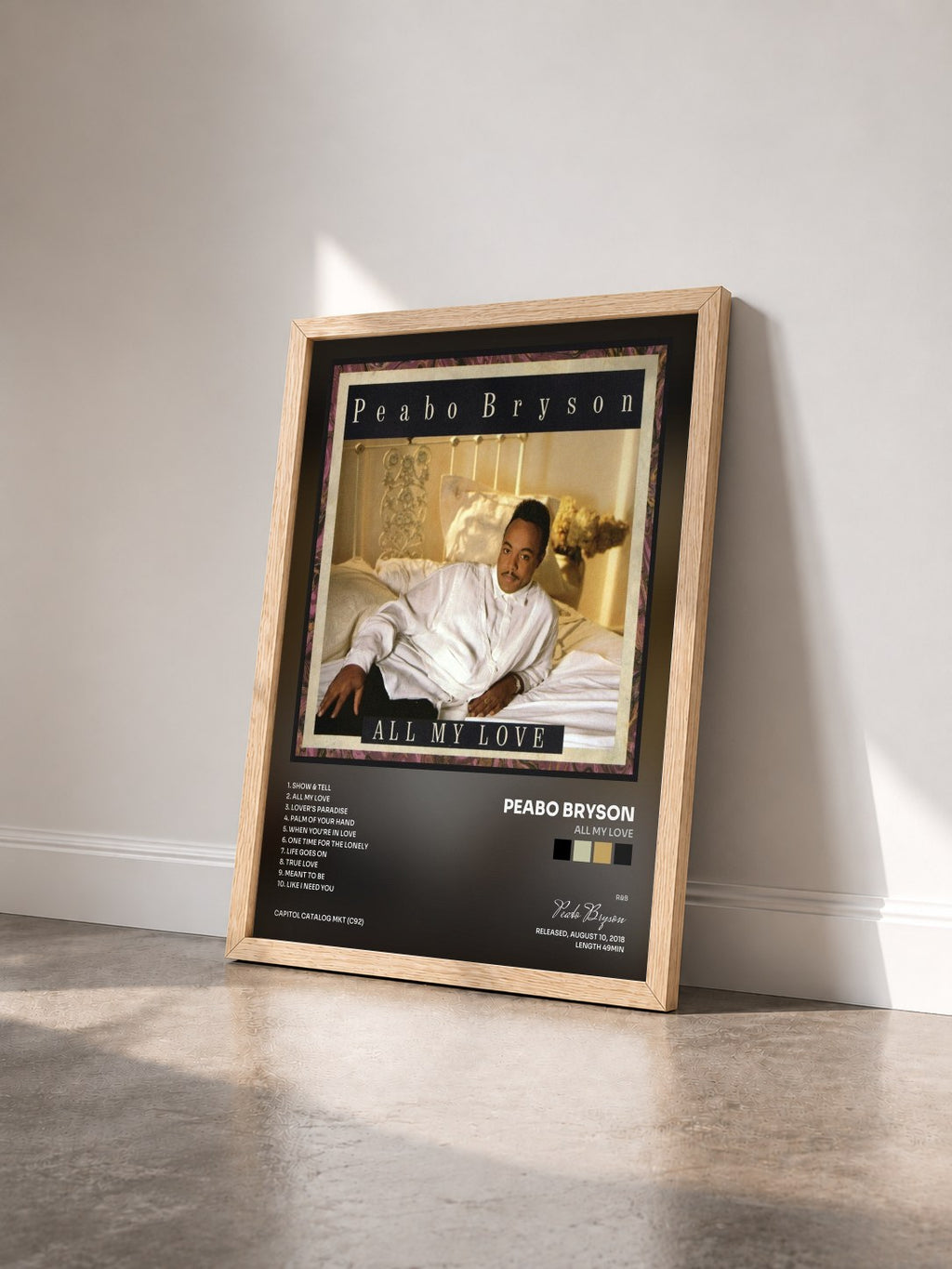 #bois Tableau de l'album All My Love de Peabo Bryson vu de trois quarts, cadre en bois brut