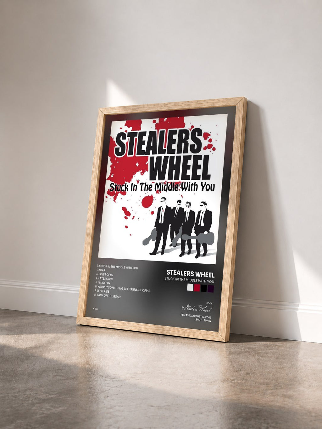 #bois Tableau de l'album Stuck in the Middle with You de Stealers Wheel vu de trois quarts, cadre en bois brut