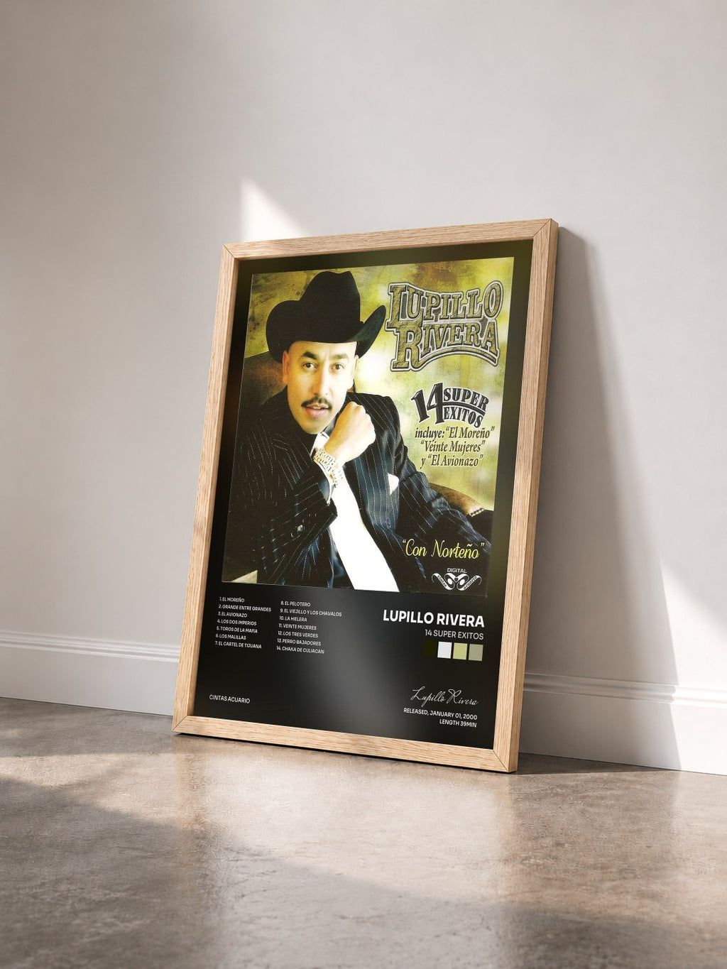 #bois Tableau de l'album 14 Super Exitos de Lupillo Rivera vu de trois quarts, cadre en bois brut