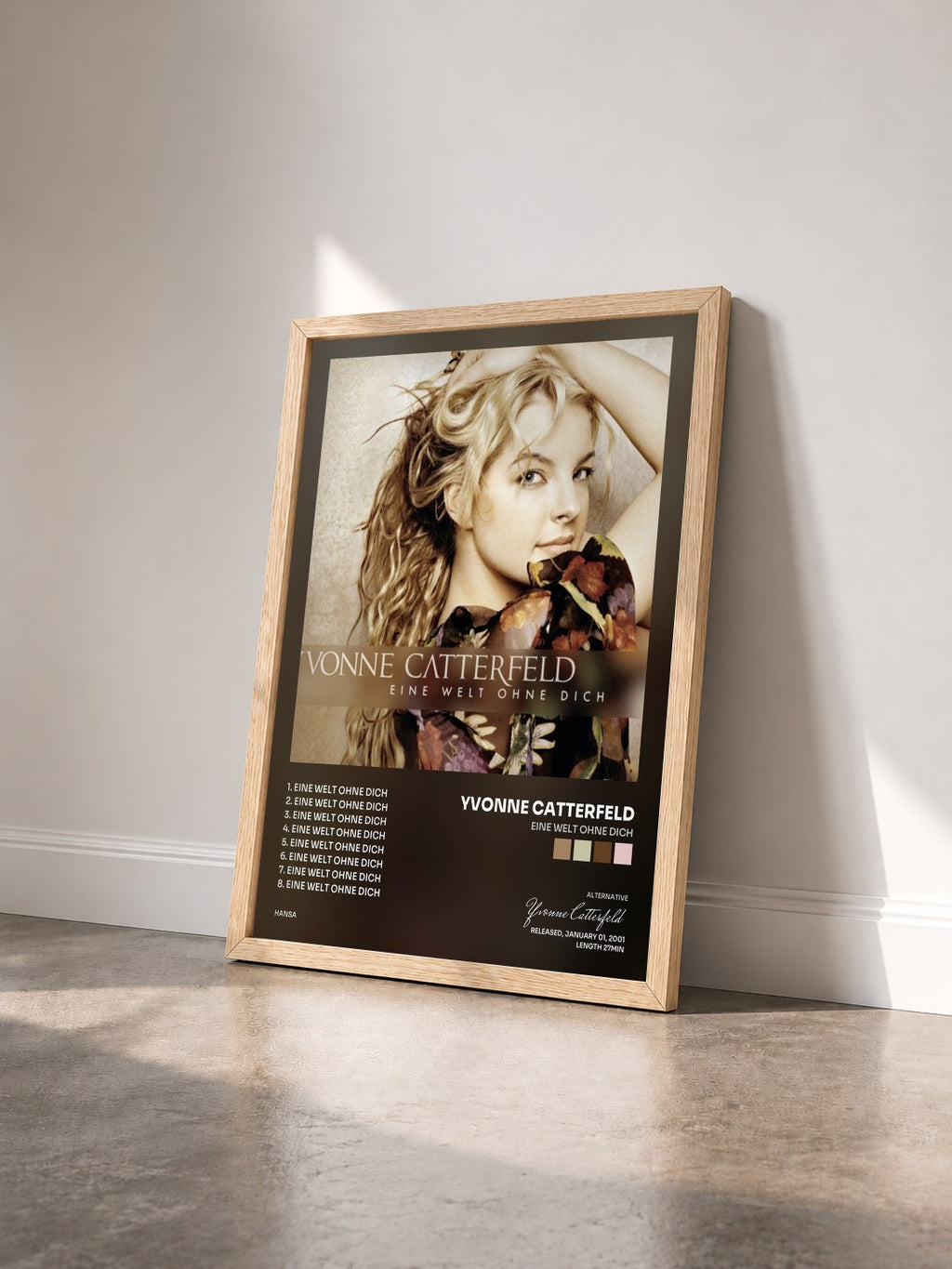 #bois Tableau de l'album Eine Welt ohne dich de Yvonne Catterfeld vu de trois quarts, cadre en bois brut