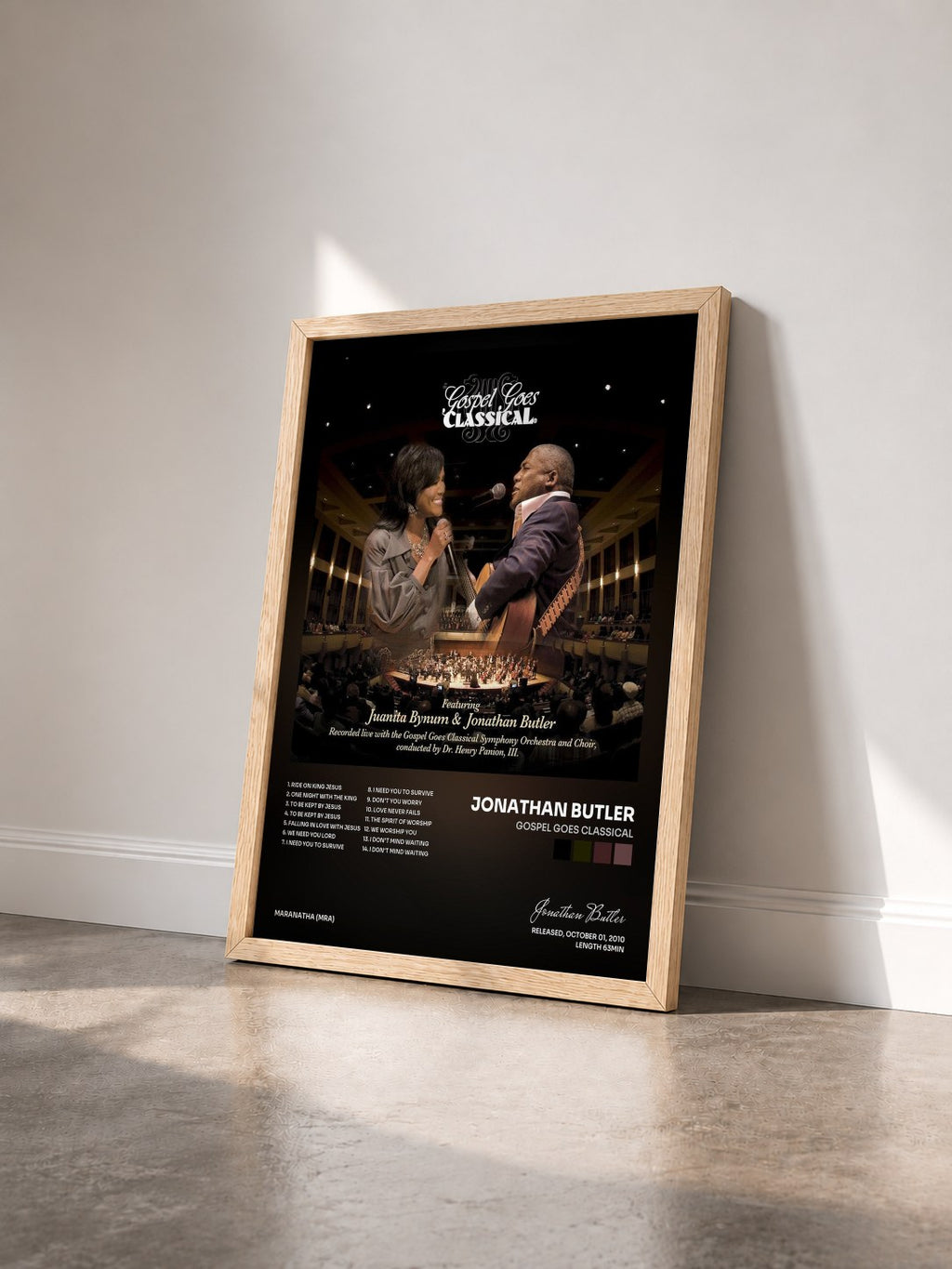#bois Tableau de l'album Gospel Goes Classical de Jonathan Butler vu de trois quarts, cadre en bois brut