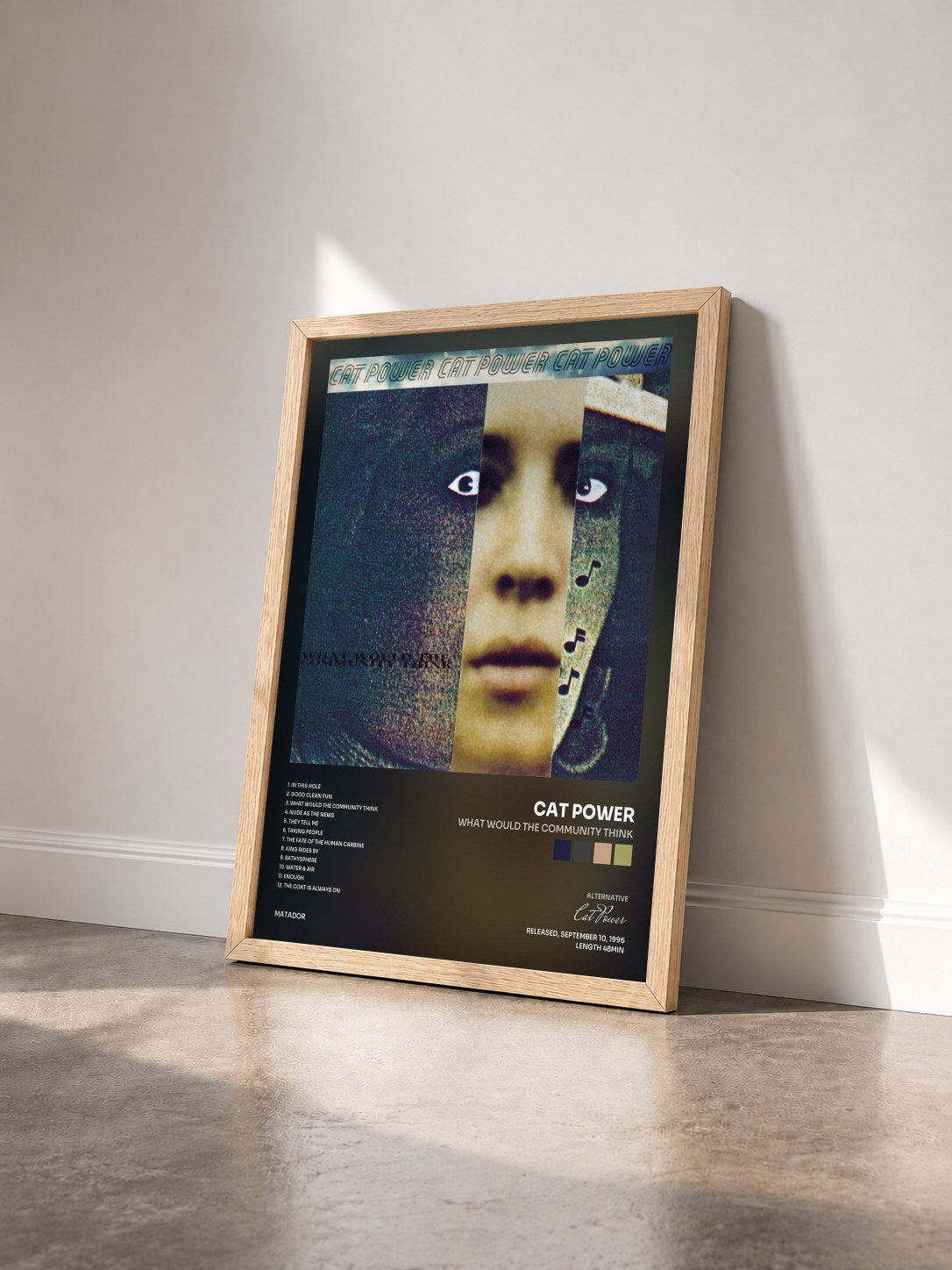 #bois Tableau de l'album What Would the Community Think de Cat Power vu de trois quarts, cadre en bois brut
