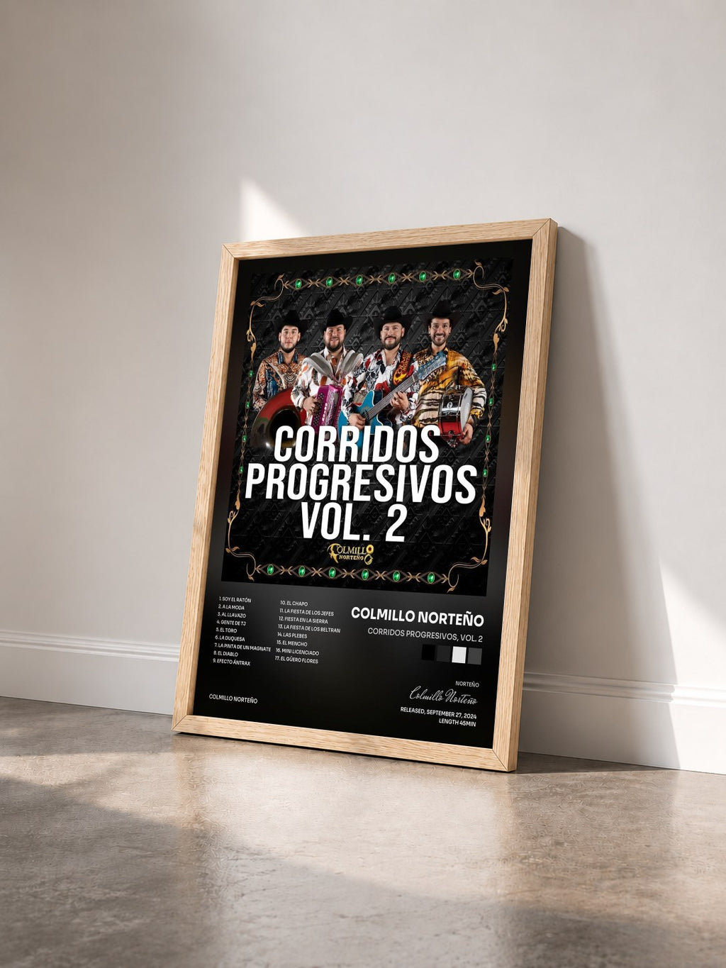 #bois Tableau de l'album Corridos Progresivos, Vol. 2 de Colmillo Norteño vu de trois quarts, cadre en bois brut