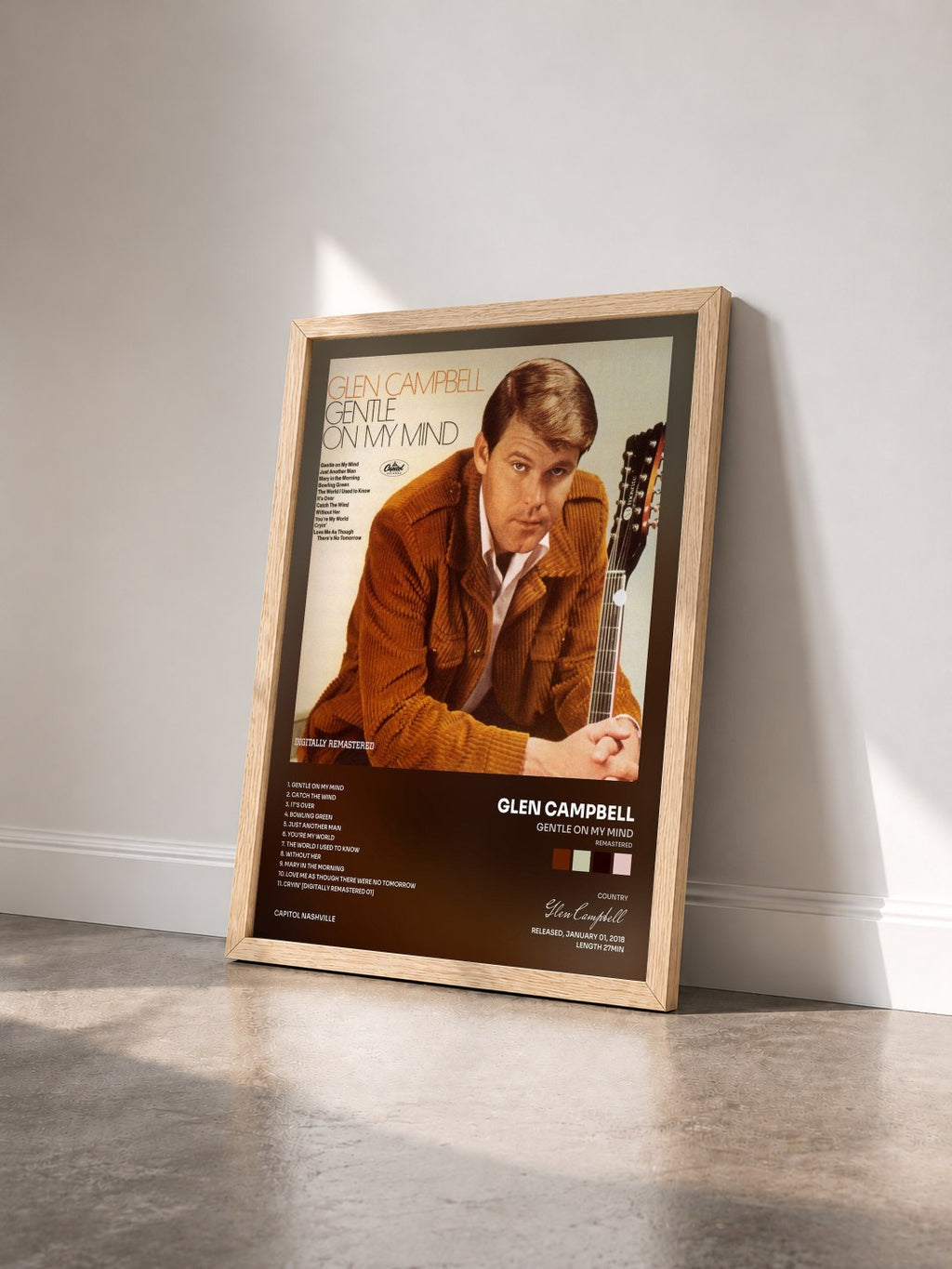 #bois Tableau de l'album Gentle On My Mind (Remastered) de Glen Campbell vu de trois quarts, cadre en bois brut