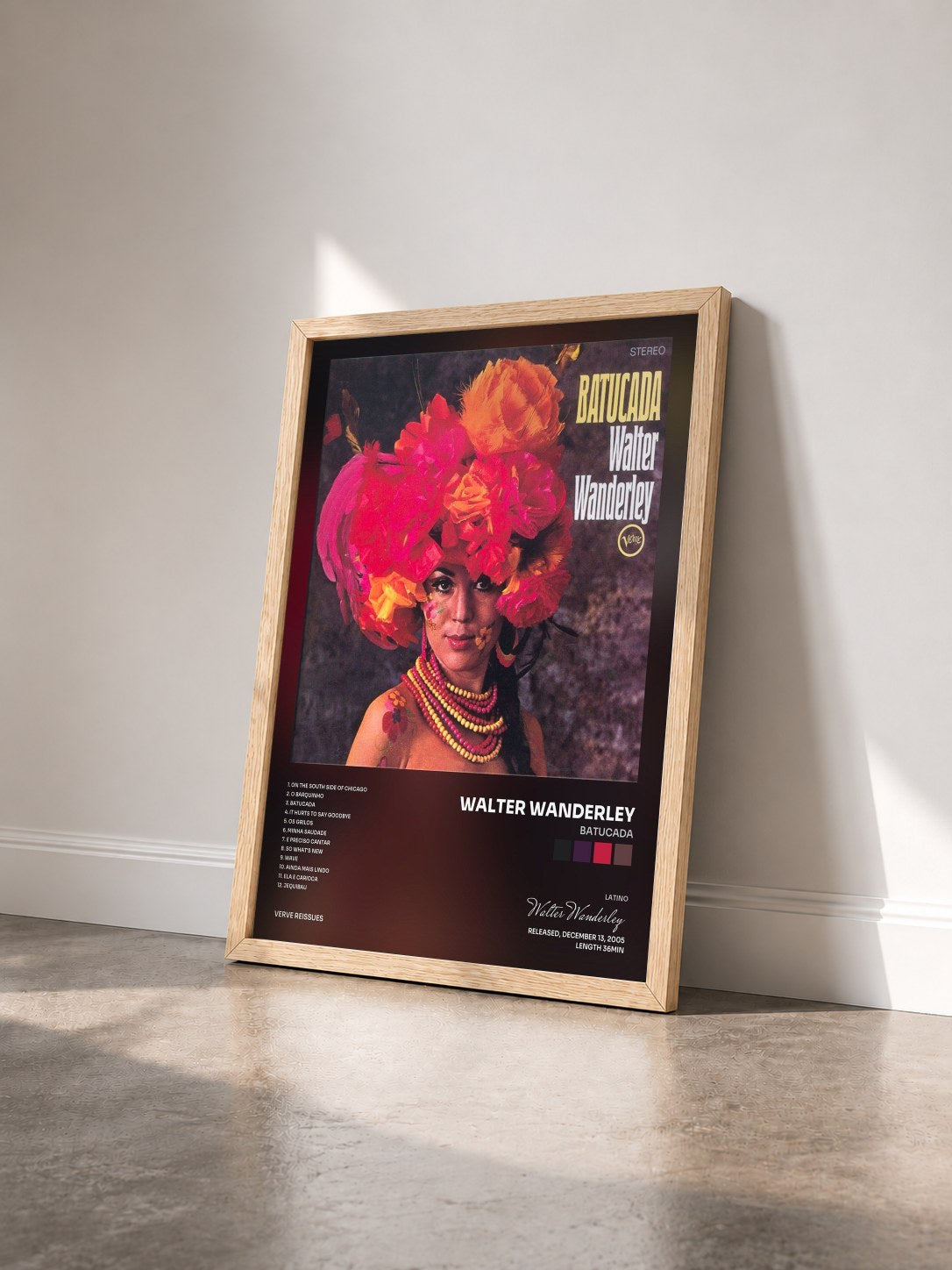 #bois Tableau de l'album Batucada de Walter Wanderley vu de trois quarts, cadre en bois brut