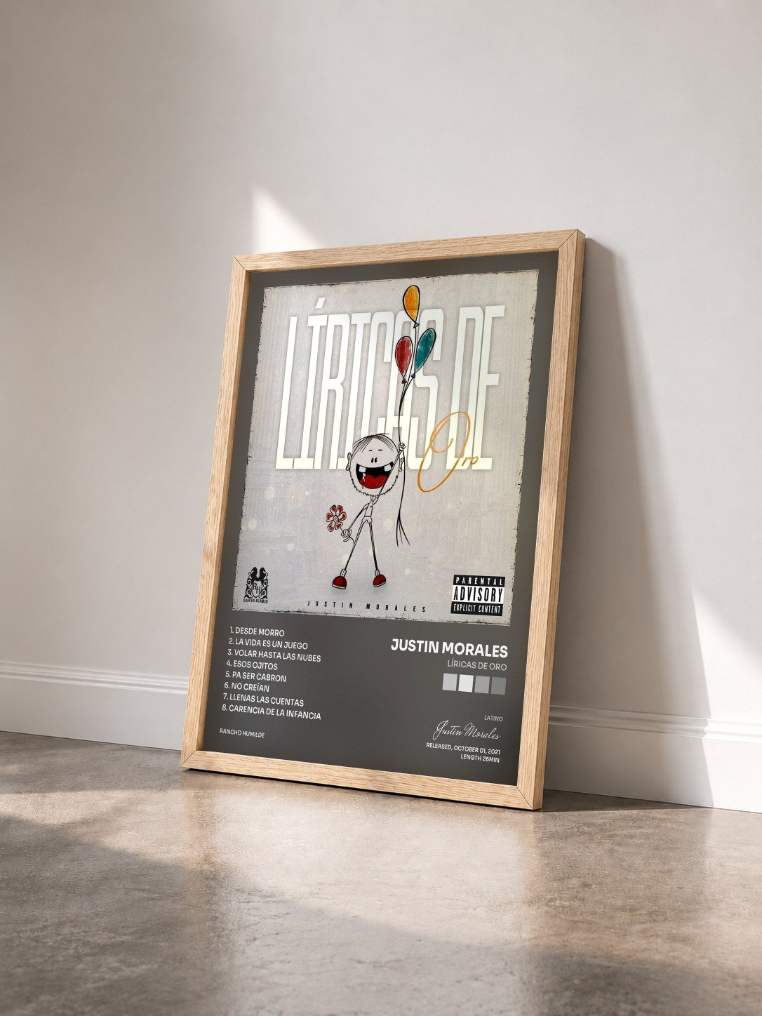 #bois Tableau de l'album Líricas De Oro de Justin Morales vu de trois quarts, cadre en bois brut
