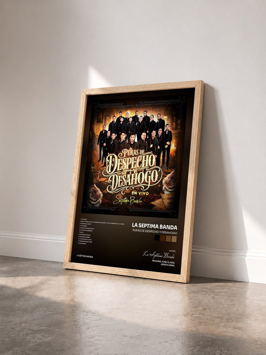 #bois Tableau de l'album Puras de Despecho y Desahogo de La Septima Banda vu de trois quarts, cadre en bois brut